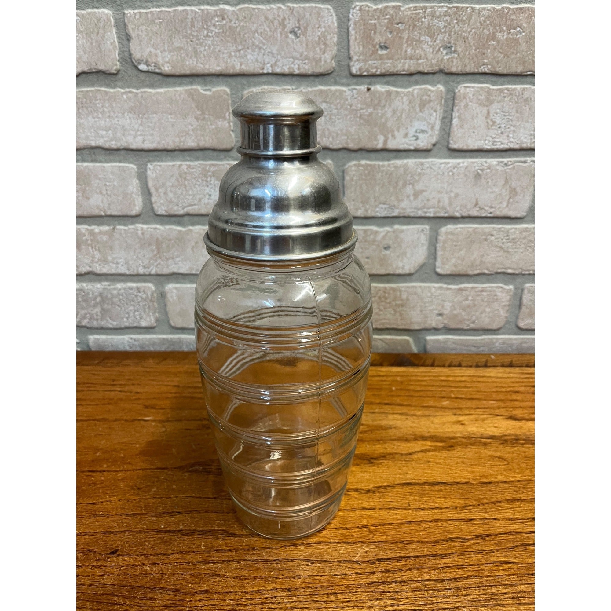 Vintage 1930s Art Deco Ribbed Glass Cocktail Shaker Bar Set w/ Ice Bucket