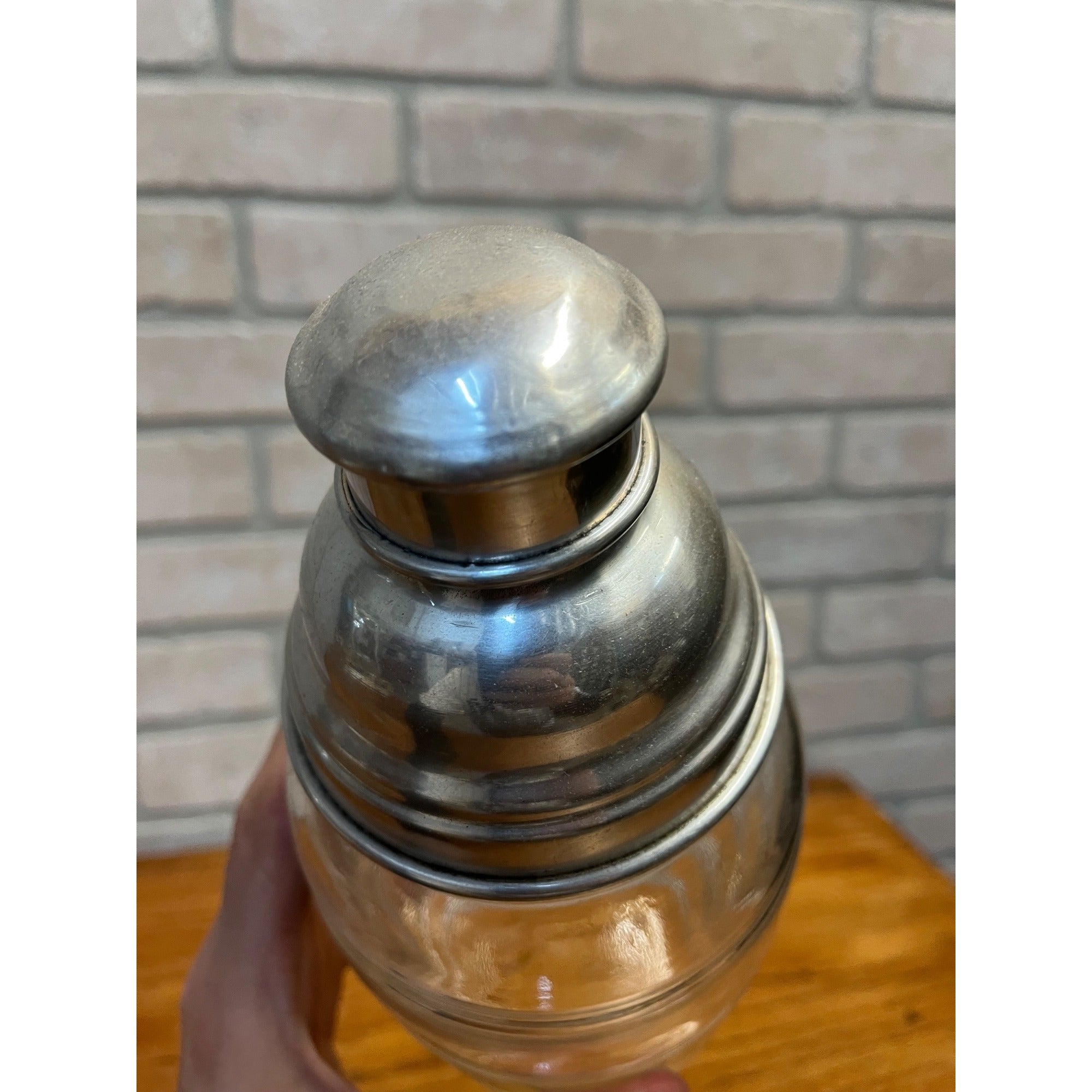 Vintage 1930s Art Deco Ribbed Glass Cocktail Shaker Bar Set w/ Ice Bucket