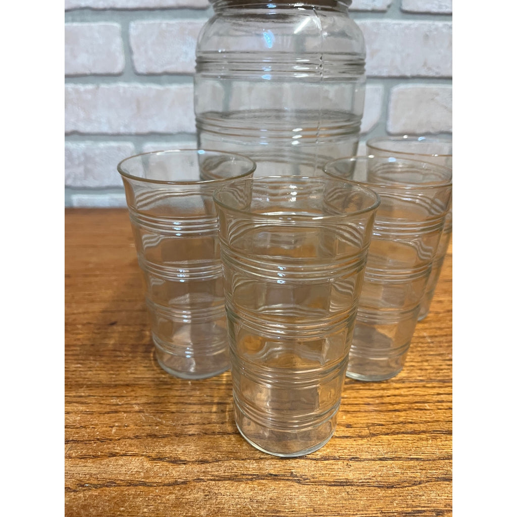Vintage 1930s Art Deco Ribbed Glass Cocktail Shaker Bar Set w/ Ice Bucket