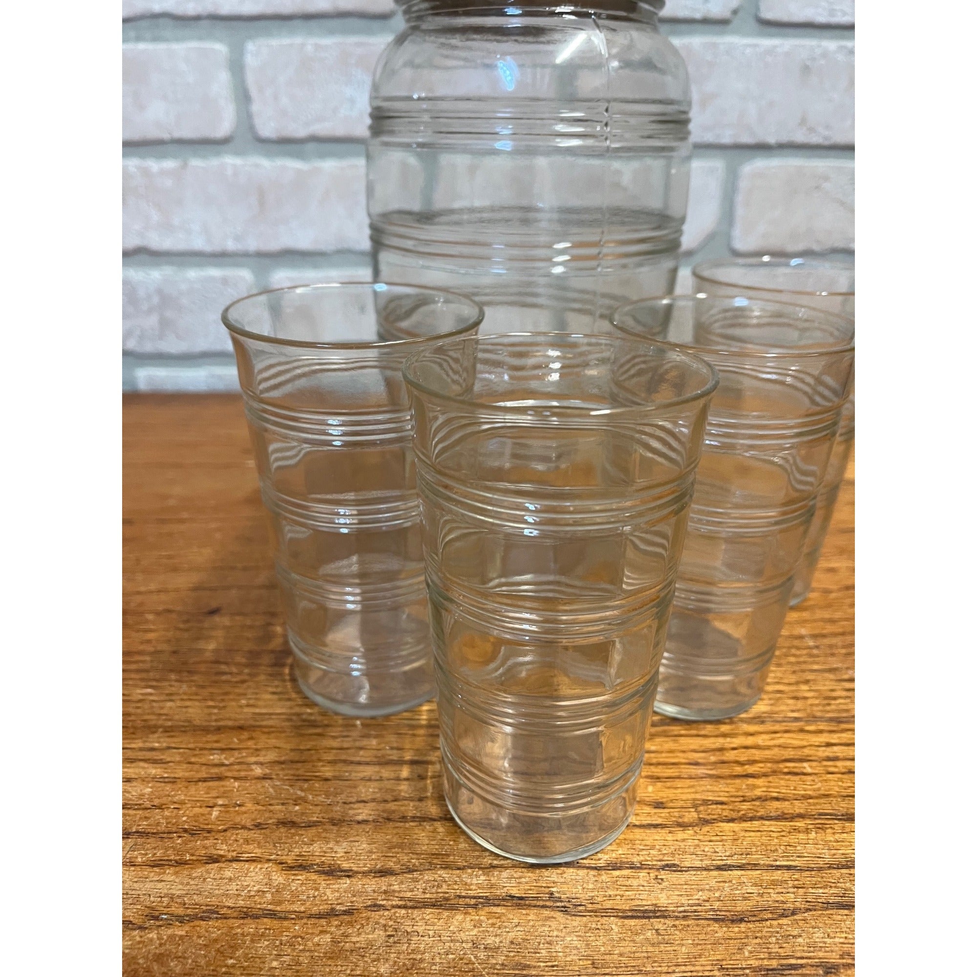 Vintage 1930s Art Deco Ribbed Glass Cocktail Shaker Bar Set w/ Ice Bucket