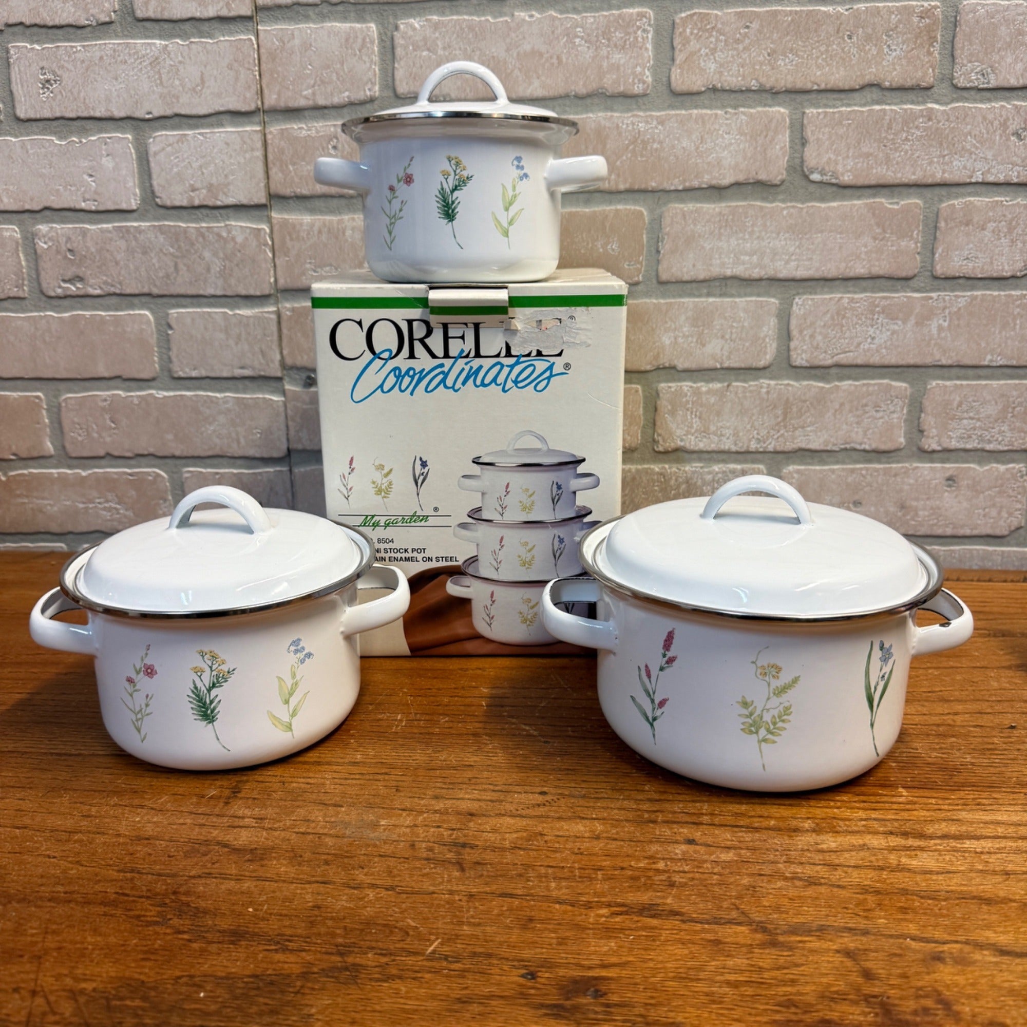 Vintage Enamel on Steel Corelle Coordinates "My Garden" 6 Piece Mini Stock Pot Set Floral Decoration NOS