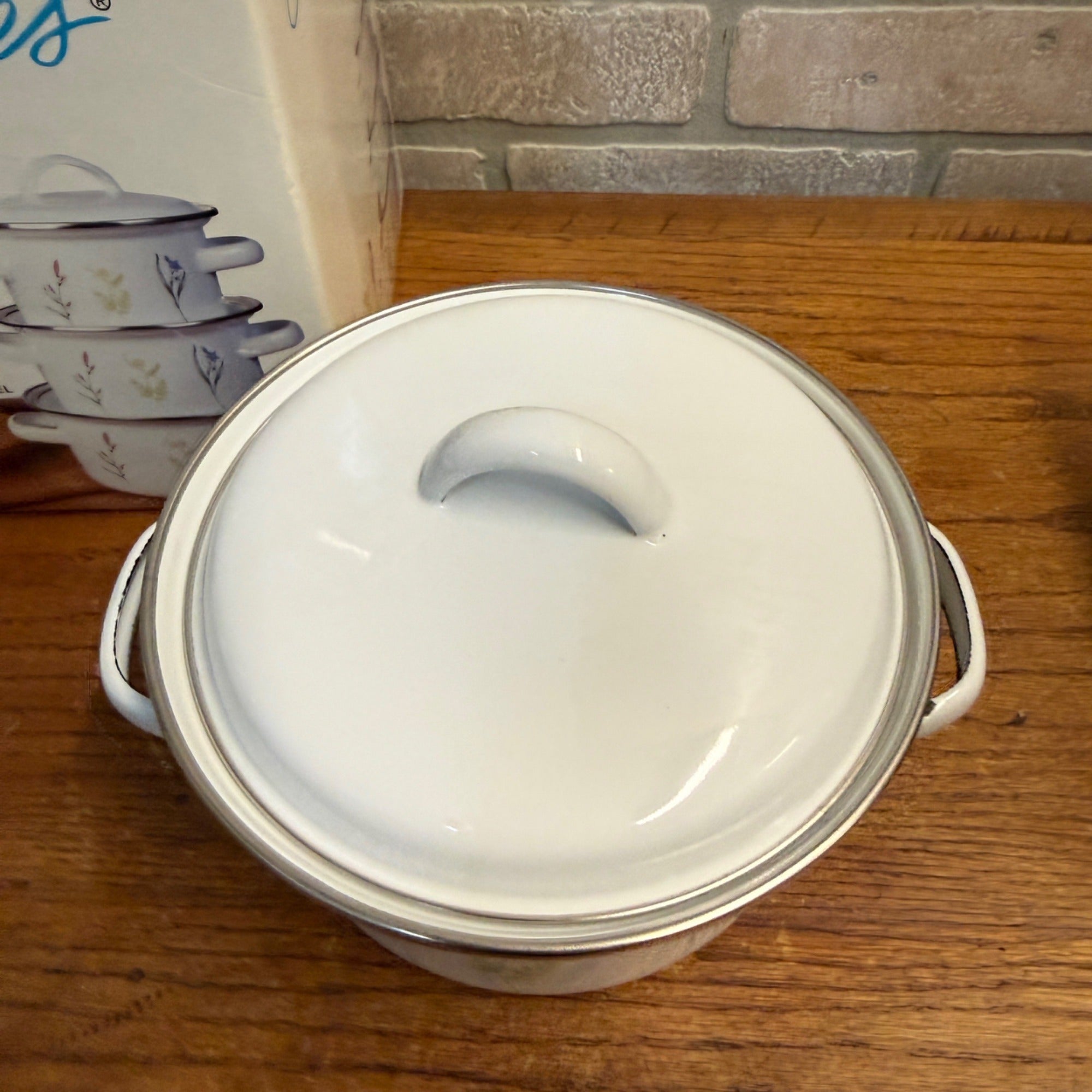 Vintage Enamel on Steel Corelle Coordinates "My Garden" 6 Piece Mini Stock Pot Set Floral Decoration NOS