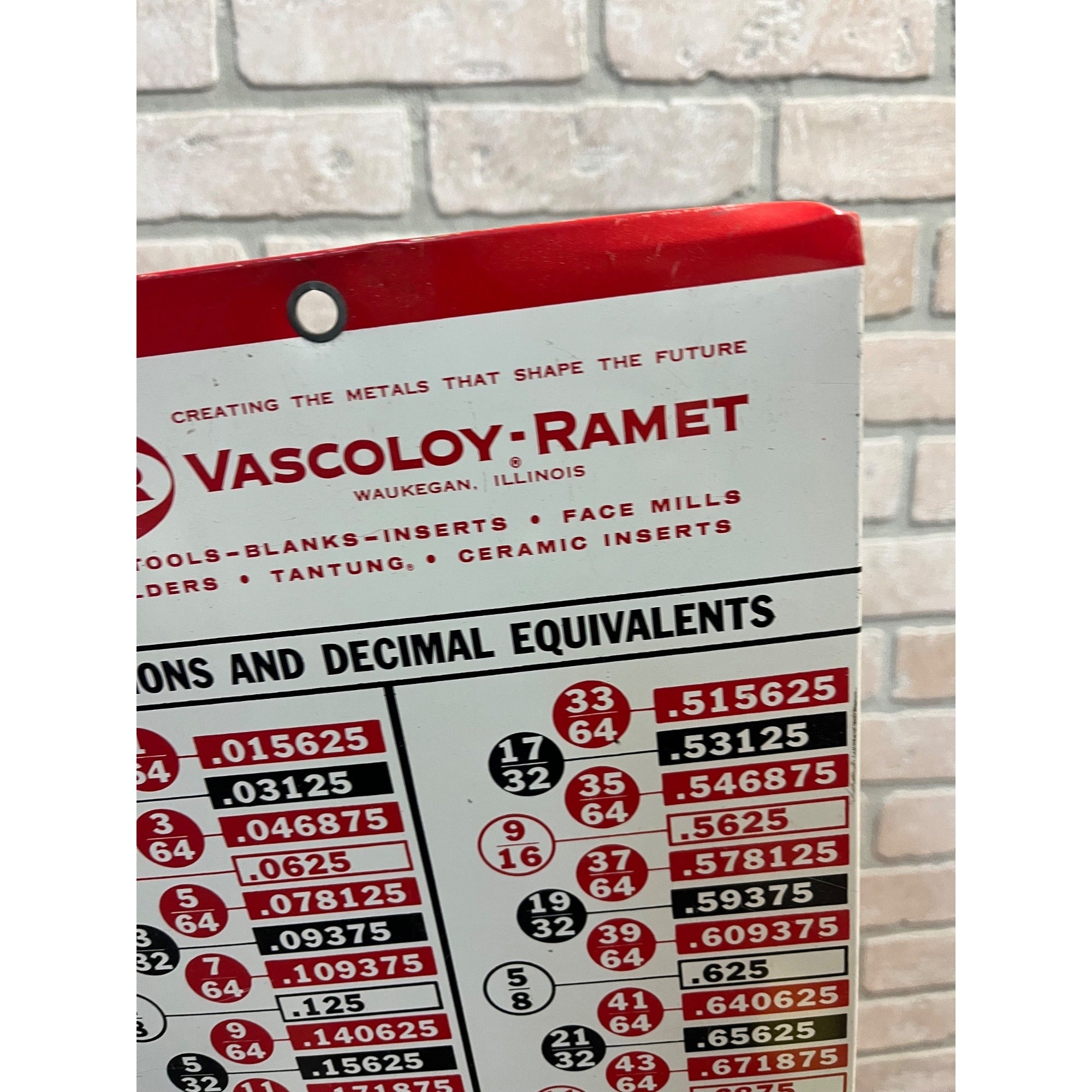 Vintage Vascoloy Ramet Fraction Decimal Advertising Tin Sign Waukegan IL