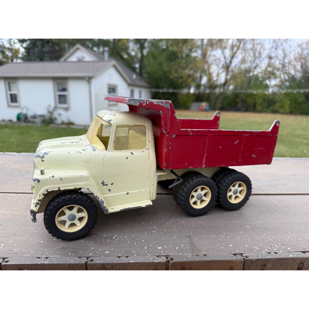 Vintage 1950s Ertl International Loadstar IH Dump Truck Red White Metal Toy