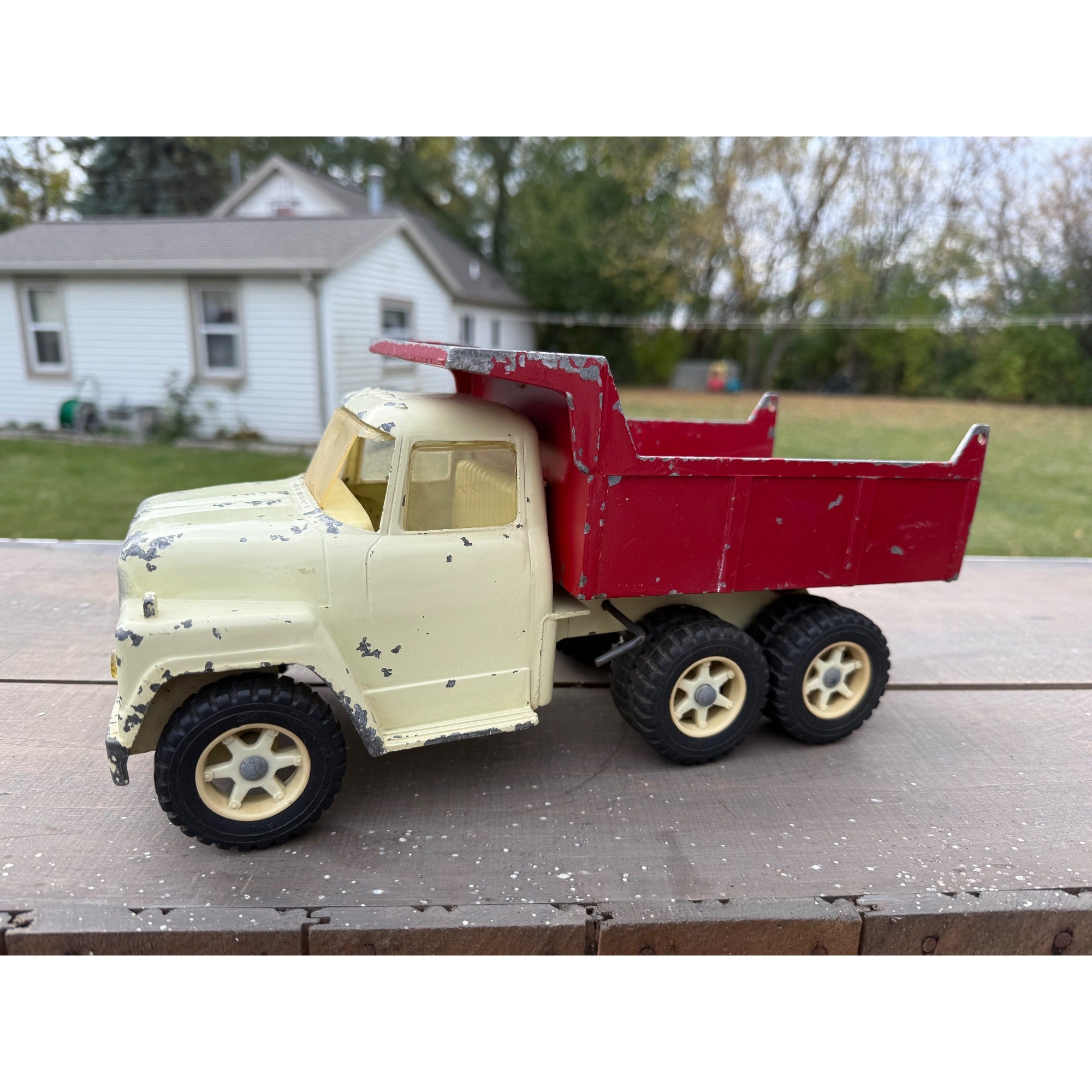 Vintage 1950s Ertl International Loadstar IH Dump Truck Red White Metal Toy