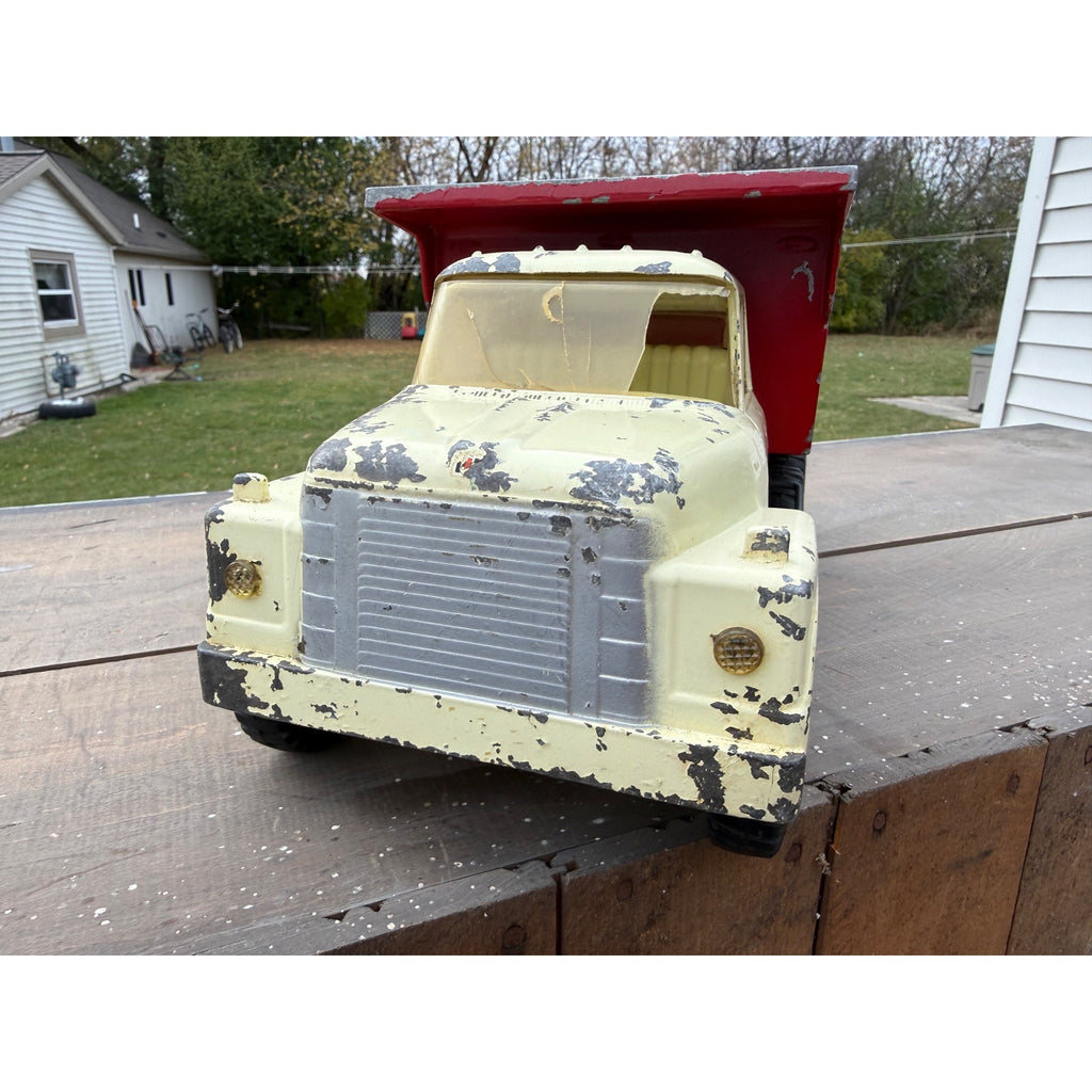 Vintage 1950s Ertl International Loadstar IH Dump Truck Red White Metal Toy