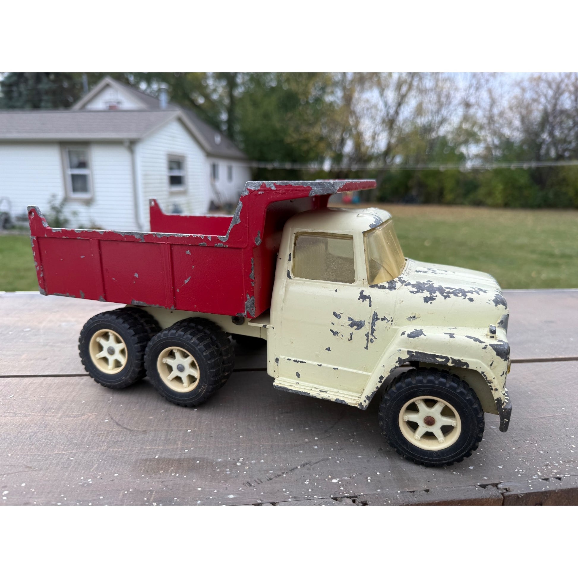 Vintage 1950s Ertl International Loadstar IH Dump Truck Red White Metal Toy
