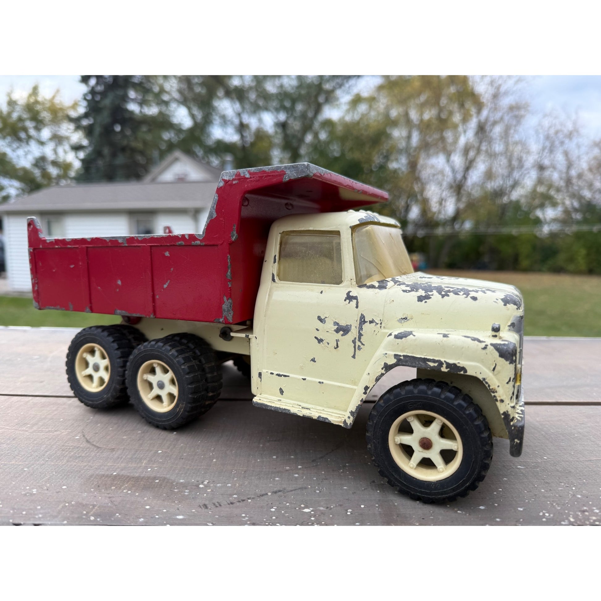 Vintage 1950s Ertl International Loadstar IH Dump Truck Red White Metal Toy