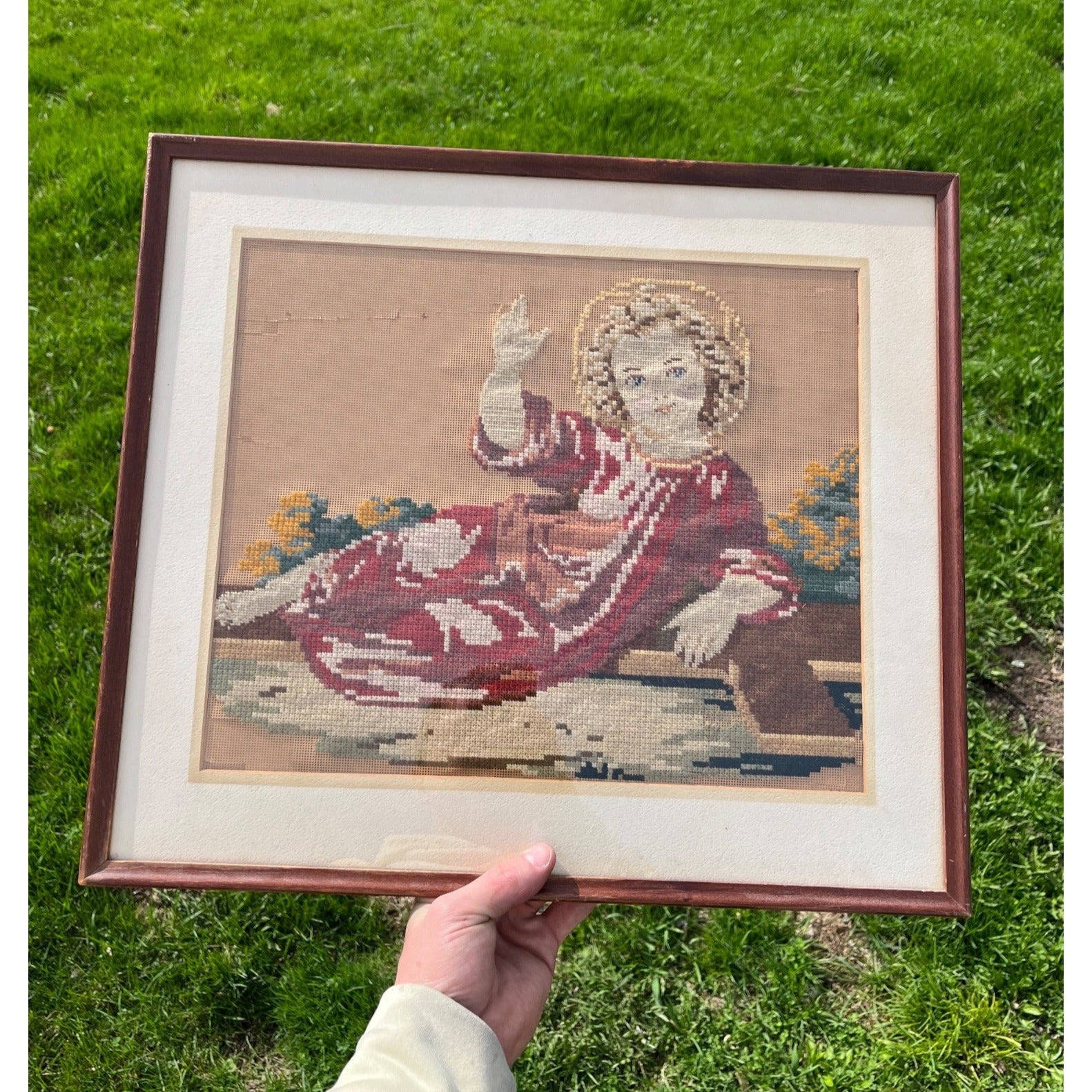 Antique c1880s Victorian Religious Needlepoint Baby Jesus Infant Christ Framed Art
