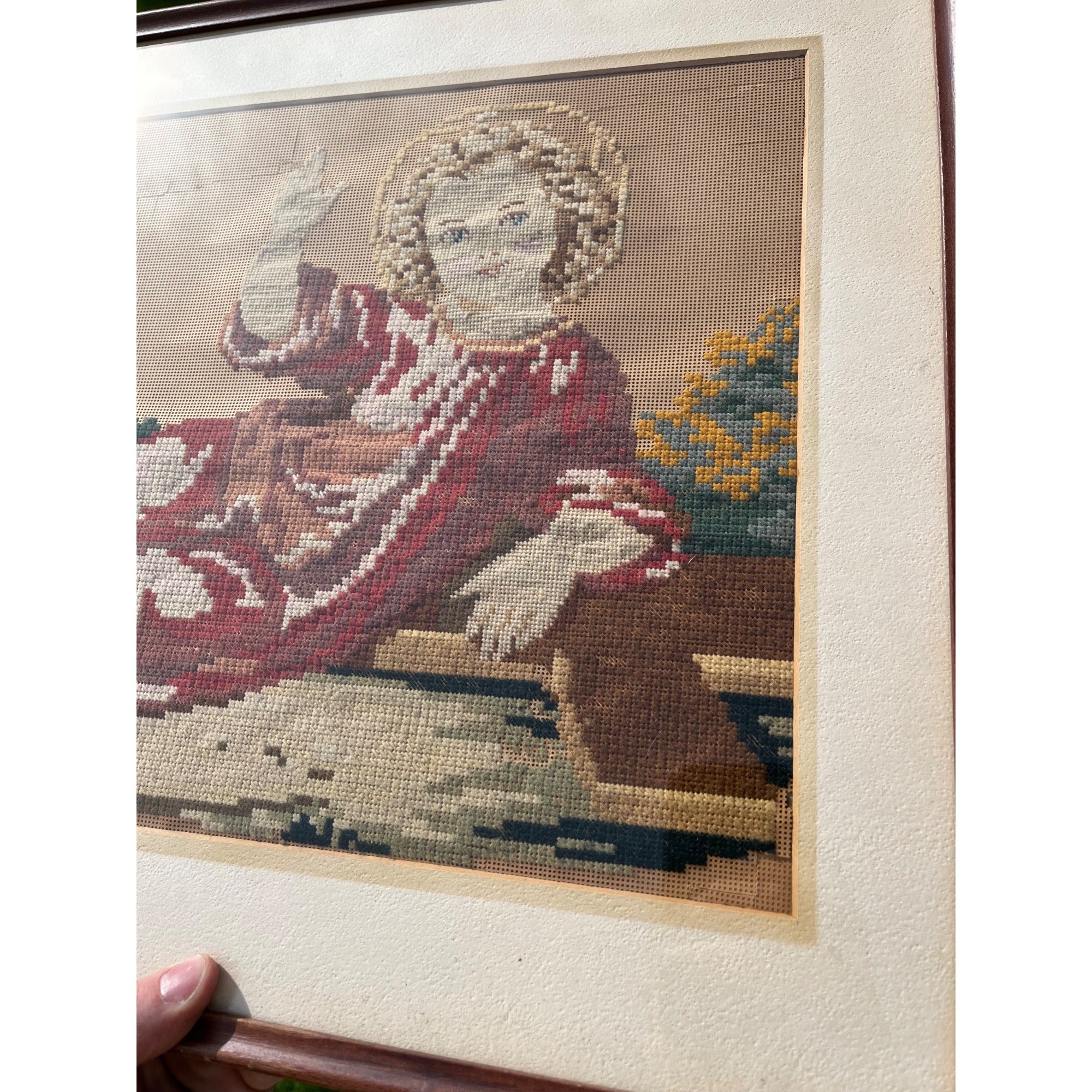 Antique c1880s Victorian Religious Needlepoint Baby Jesus Infant Christ Framed Art