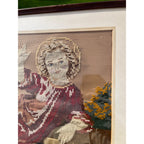Antique c1880s Victorian Religious Needlepoint Baby Jesus Infant Christ Framed Art