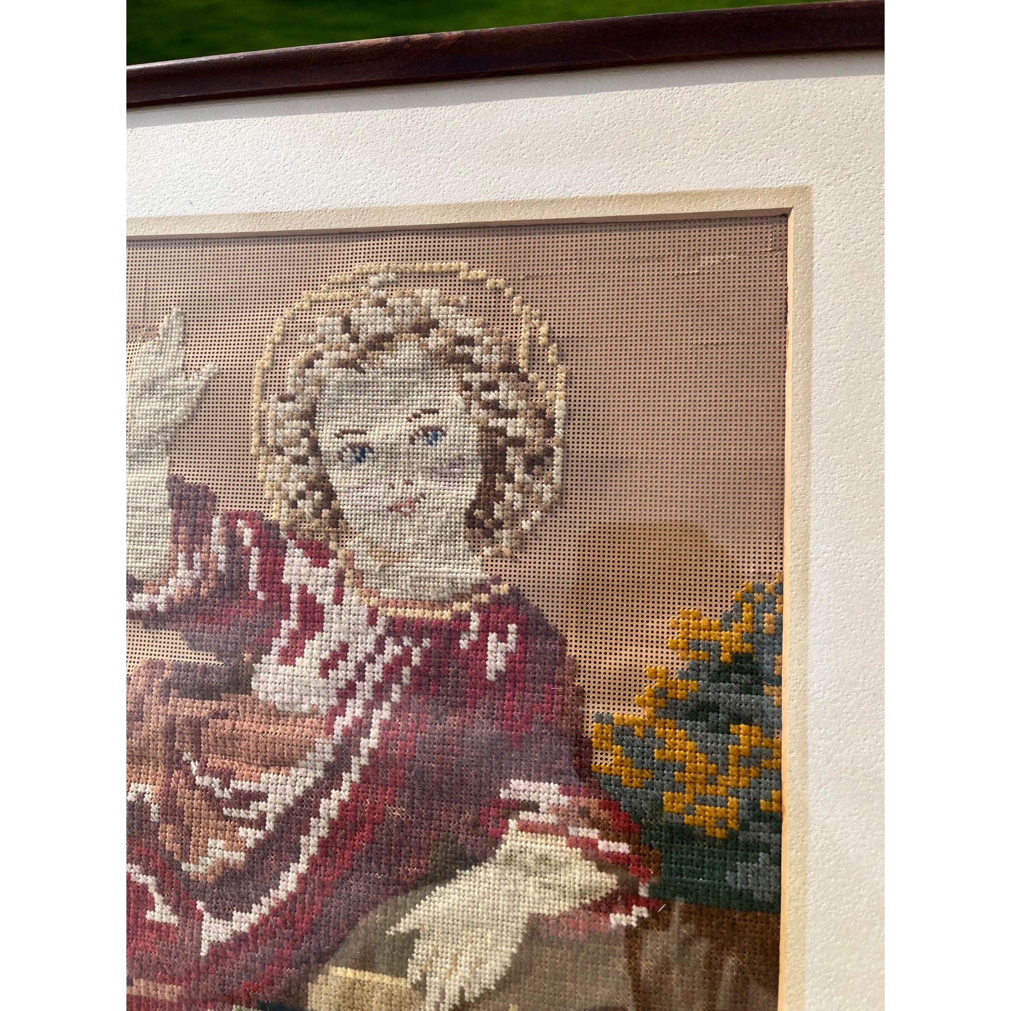 Antique c1880s Victorian Religious Needlepoint Baby Jesus Infant Christ Framed Art
