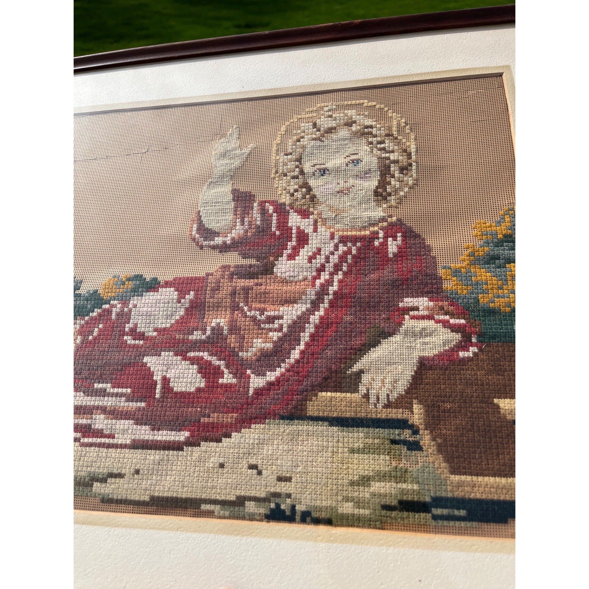Antique c1880s Victorian Religious Needlepoint Baby Jesus Infant Christ Framed Art