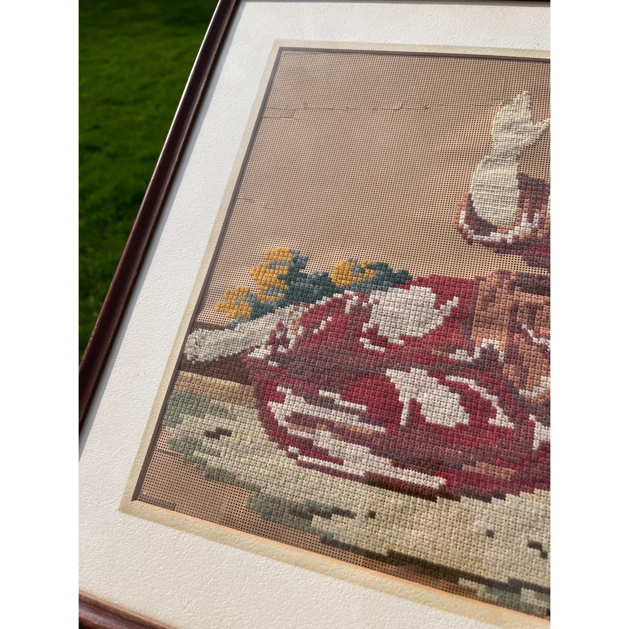 Antique c1880s Victorian Religious Needlepoint Baby Jesus Infant Christ Framed Art