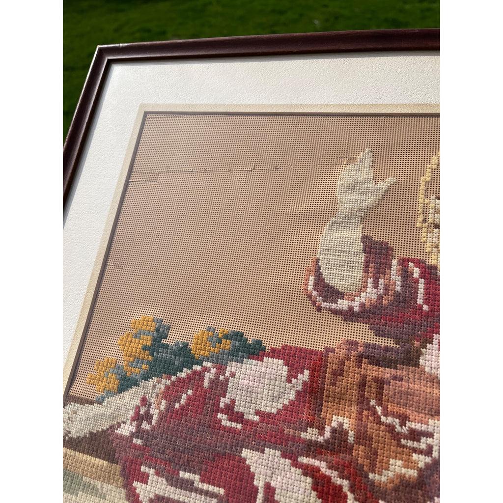 Antique c1880s Victorian Religious Needlepoint Baby Jesus Infant Christ Framed Art