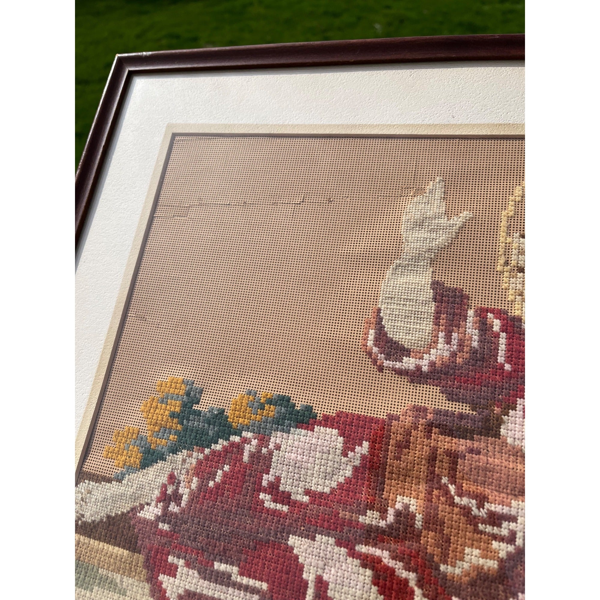 Antique c1880s Victorian Religious Needlepoint Baby Jesus Infant Christ Framed Art