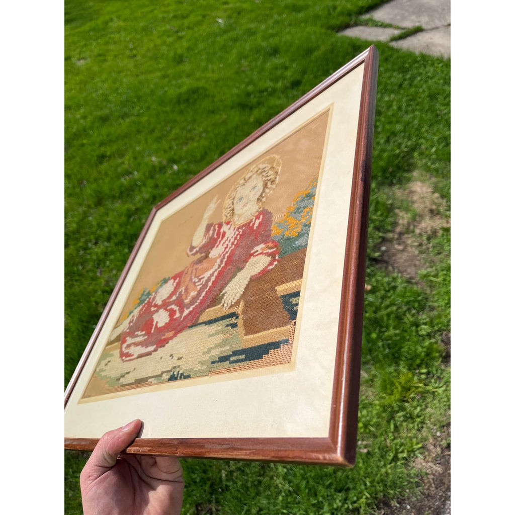 Antique c1880s Victorian Religious Needlepoint Baby Jesus Infant Christ Framed Art