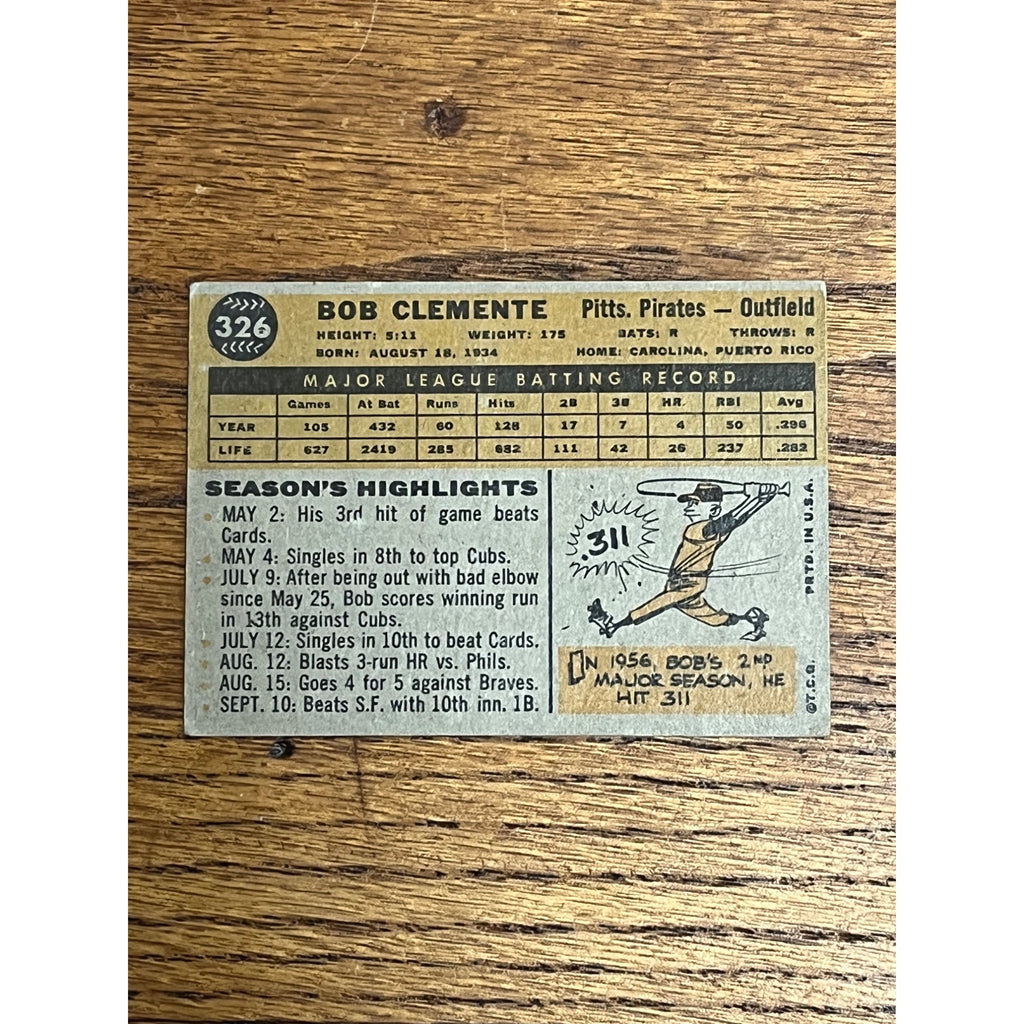 1960 Topps Baseball Roberto Celmente Pittsburgh Pirates #326 - VG