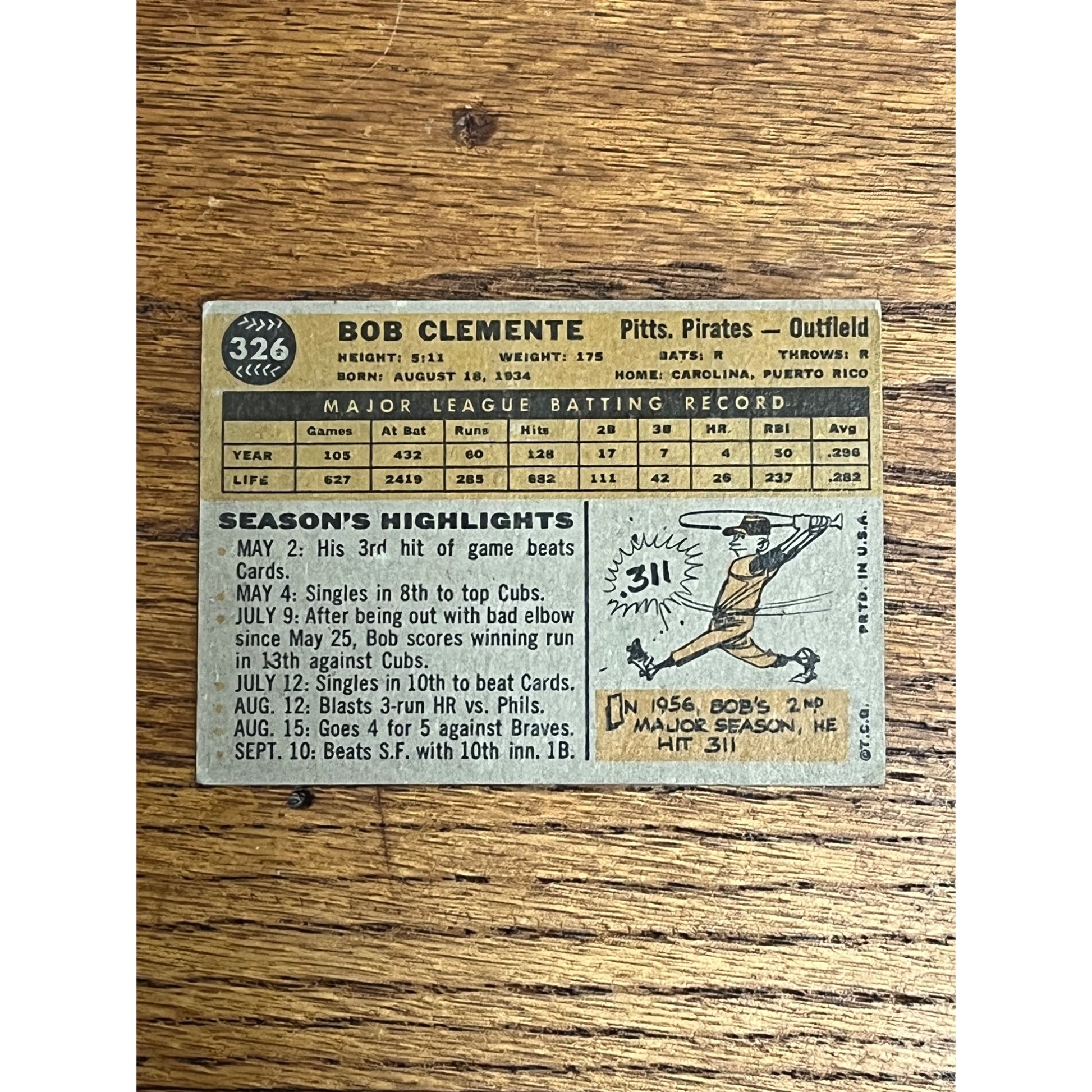 1960 Topps Baseball Roberto Celmente Pittsburgh Pirates #326 - VG