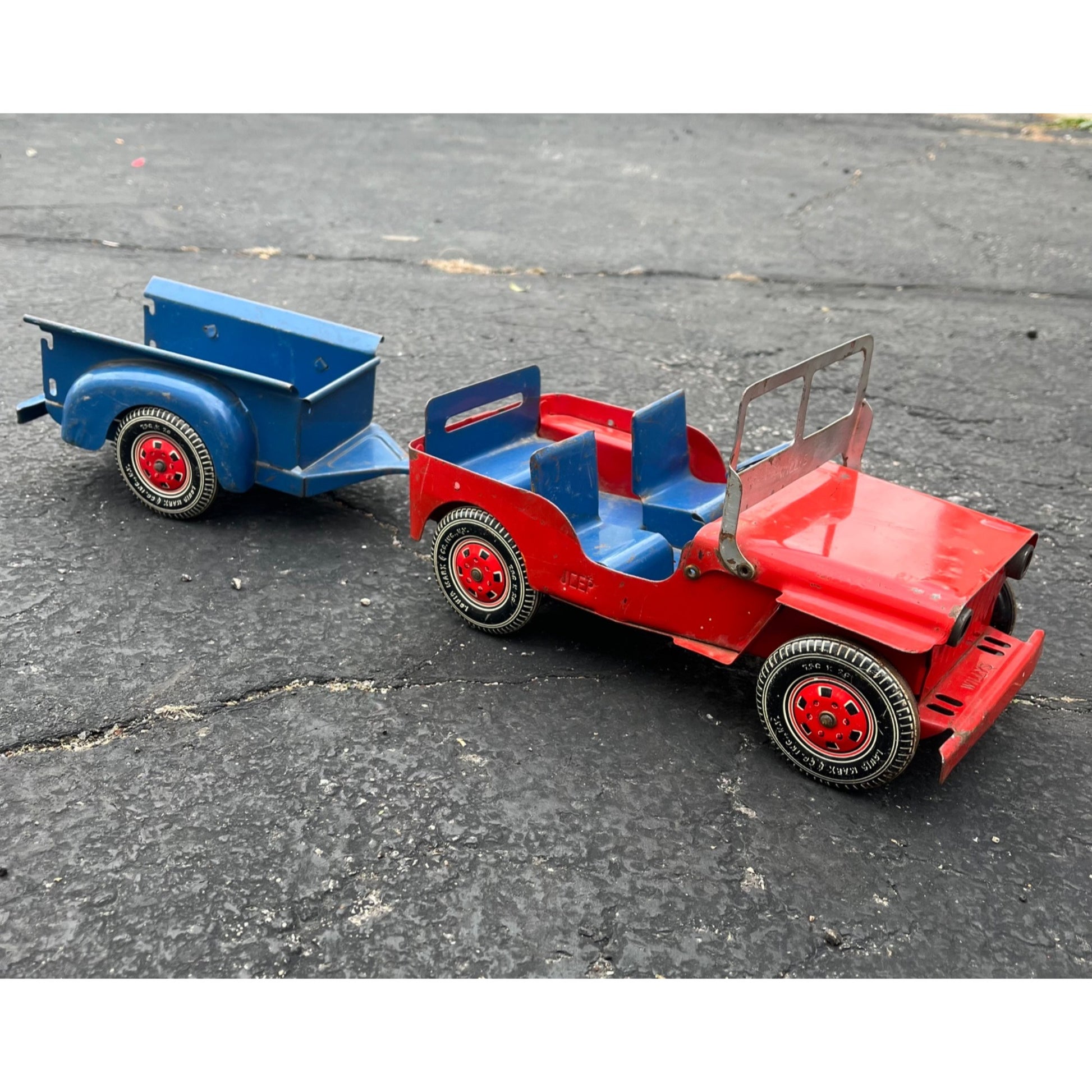 Vintage Marx Willys Jeep & Trailer Blue/Red Pressed Steel Toy