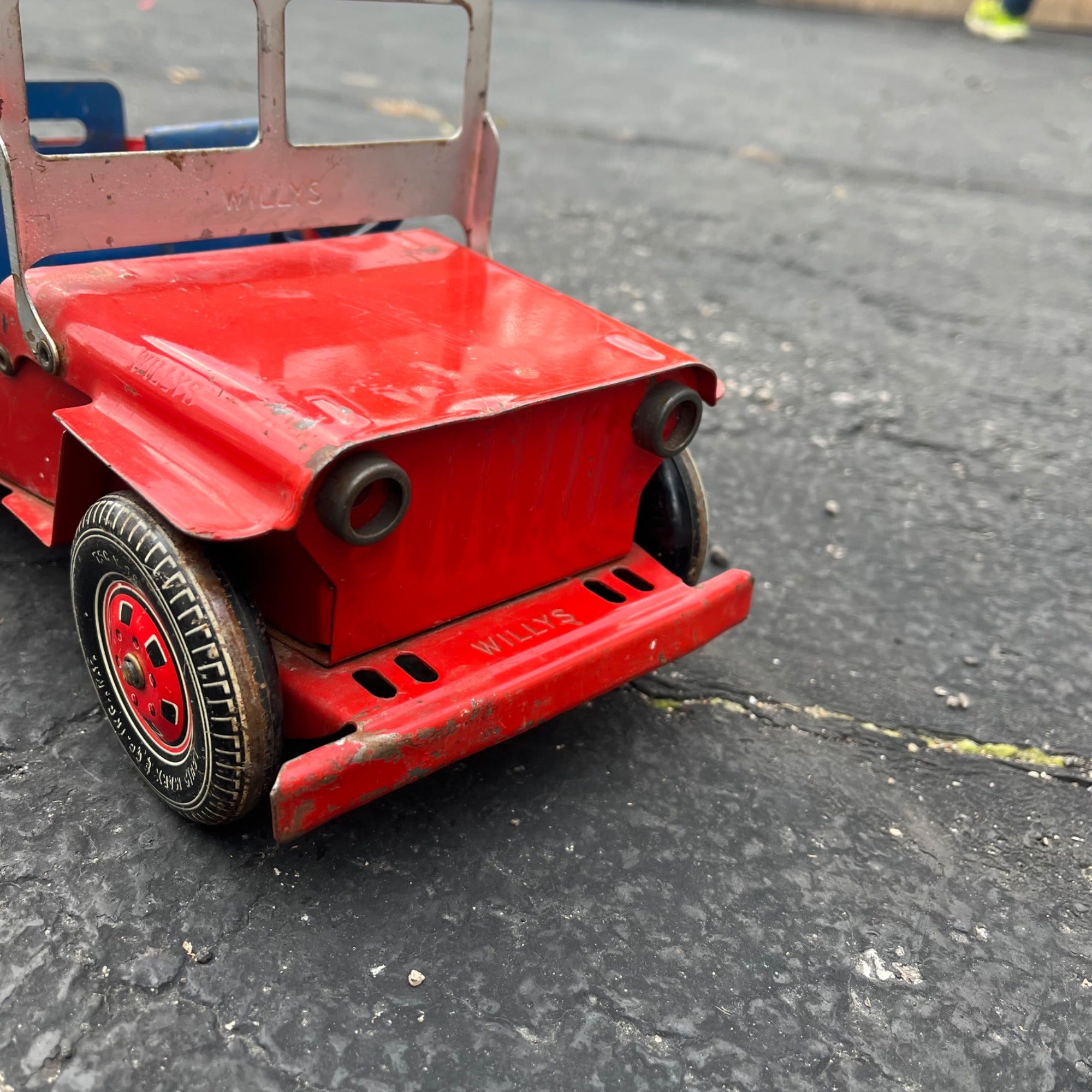 Vintage Marx Willys Jeep & Trailer Blue/Red Pressed Steel Toy