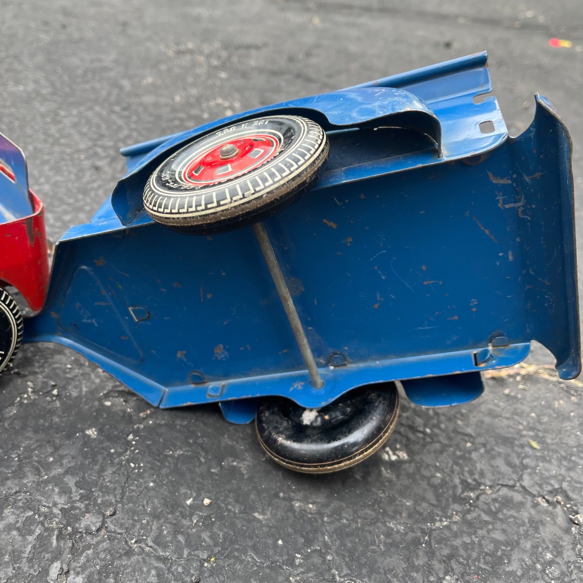 Vintage Marx Willys Jeep & Trailer Blue/Red Pressed Steel Toy
