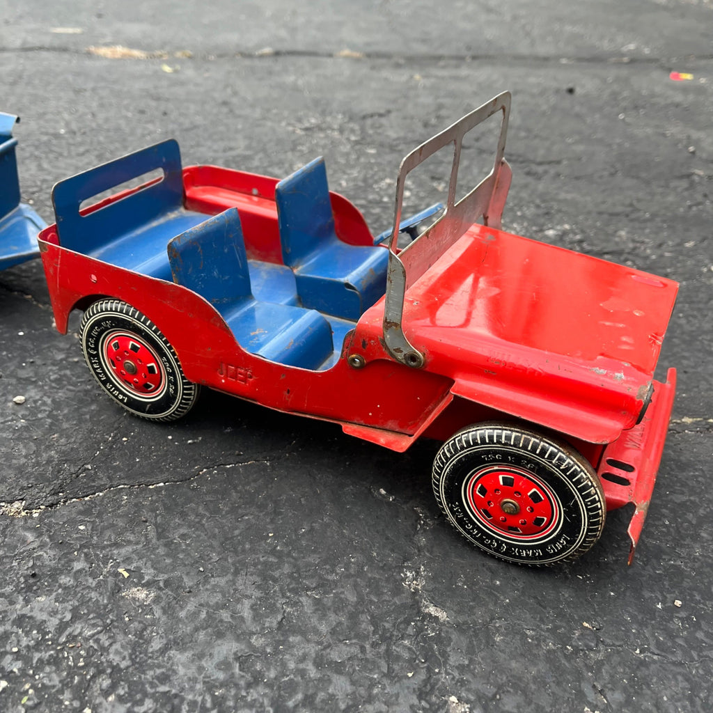 Vintage Marx Willys Jeep & Trailer Blue/Red Pressed Steel Toy
