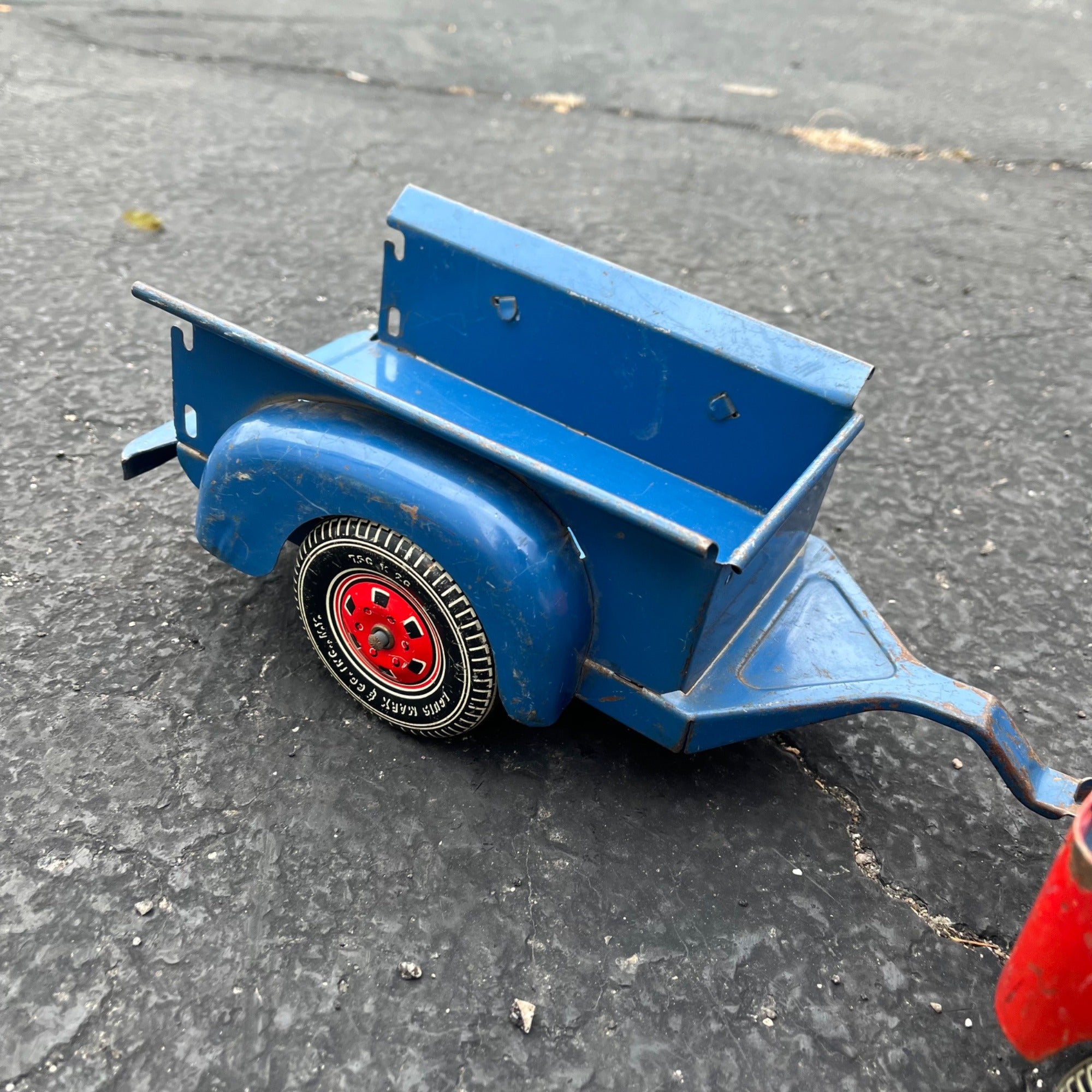 Vintage Marx Willys Jeep & Trailer Blue/Red Pressed Steel Toy