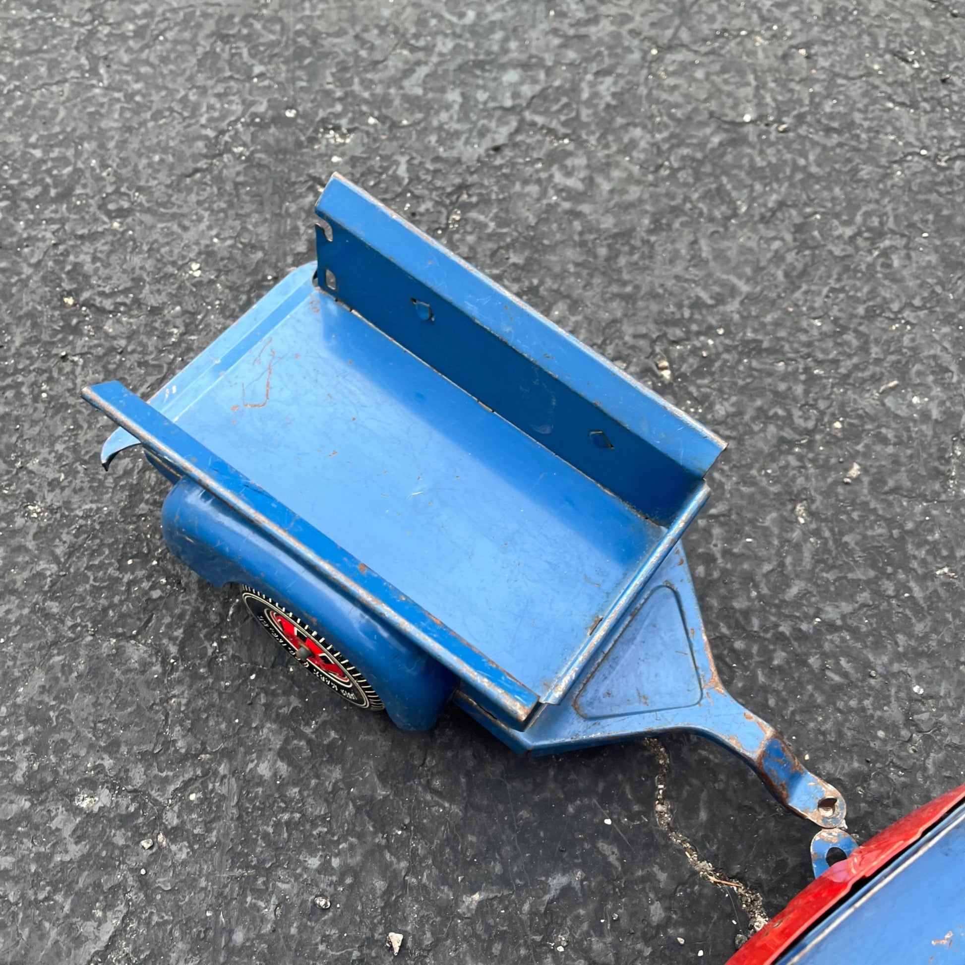 Vintage Marx Willys Jeep & Trailer Blue/Red Pressed Steel Toy