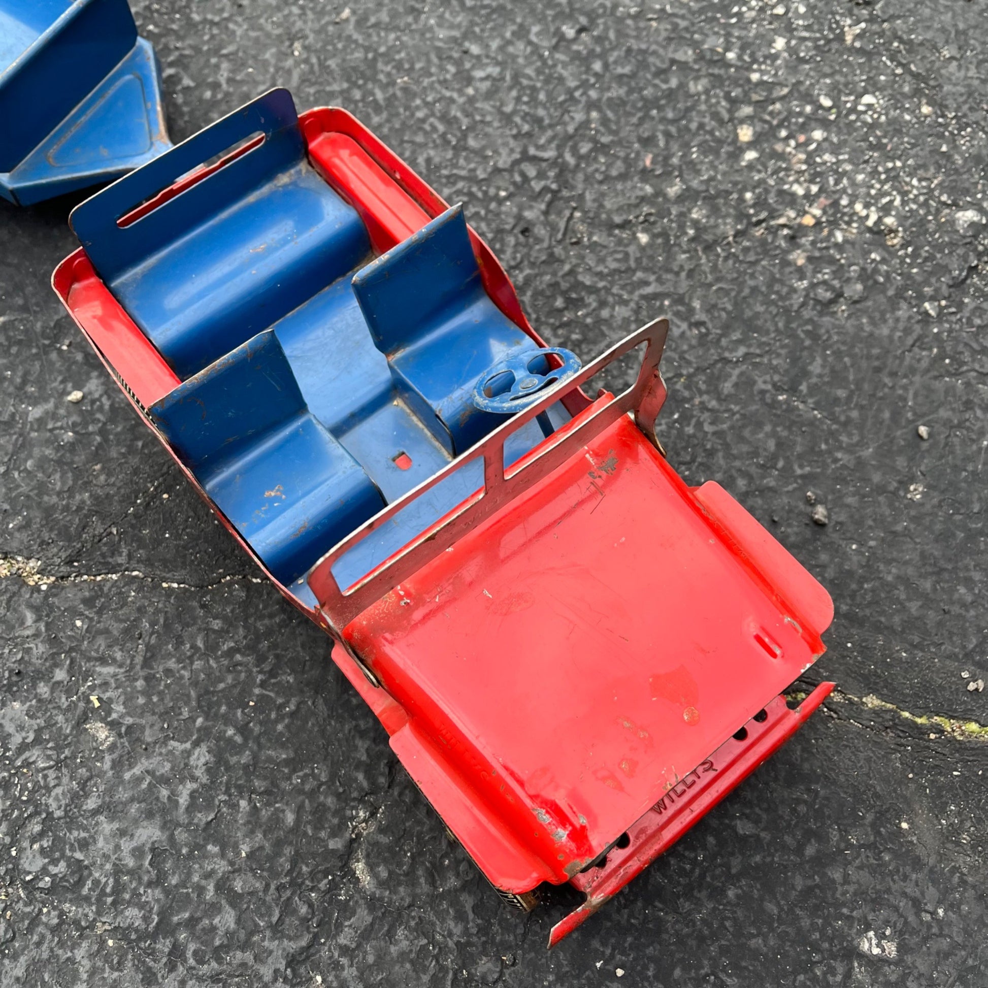Vintage Marx Willys Jeep & Trailer Blue/Red Pressed Steel Toy