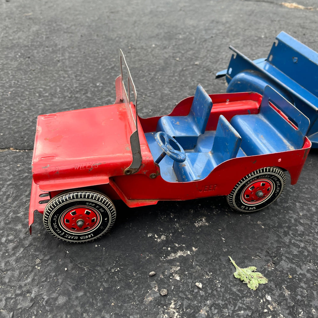 Vintage Marx Willys Jeep & Trailer Blue/Red Pressed Steel Toy
