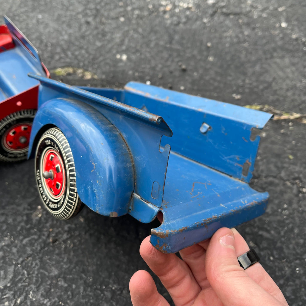 Vintage Marx Willys Jeep & Trailer Blue/Red Pressed Steel Toy