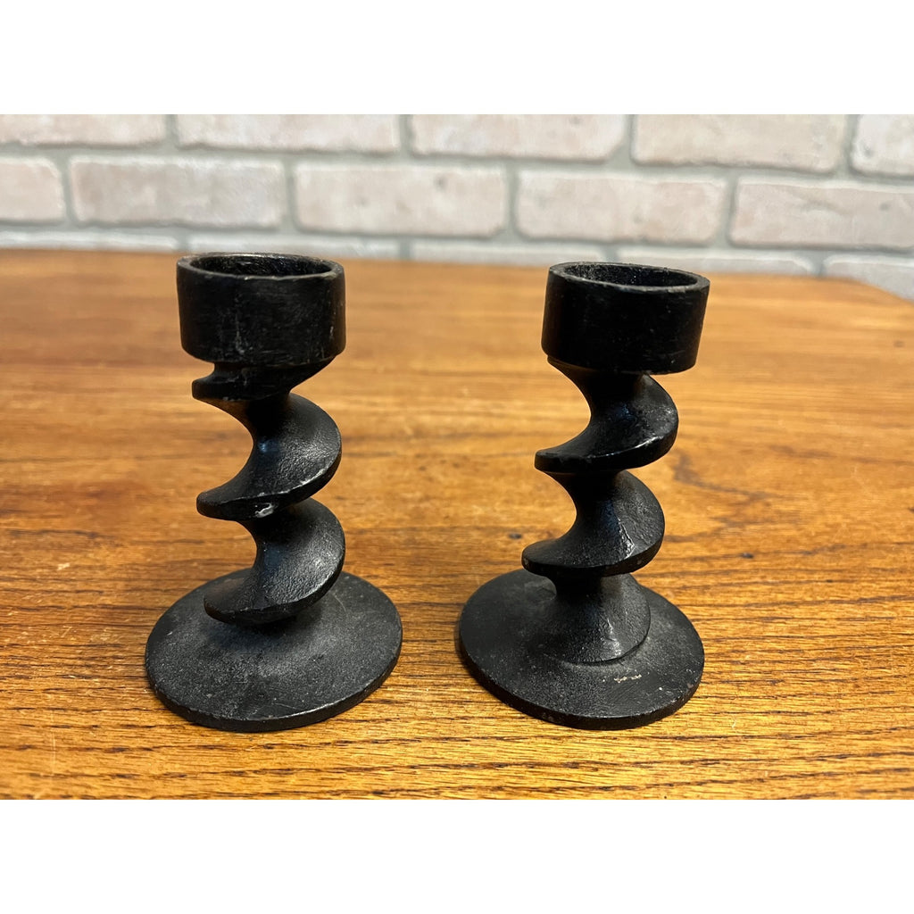 Vintage MCM ‘Image Three’ Michael Harris Brutalist Cast Iron Candleholders Pair