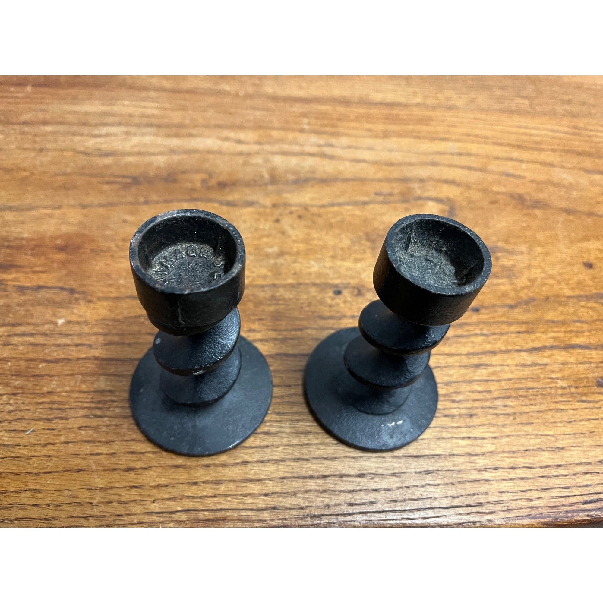 Vintage MCM ‘Image Three’ Michael Harris Brutalist Cast Iron Candleholders Pair