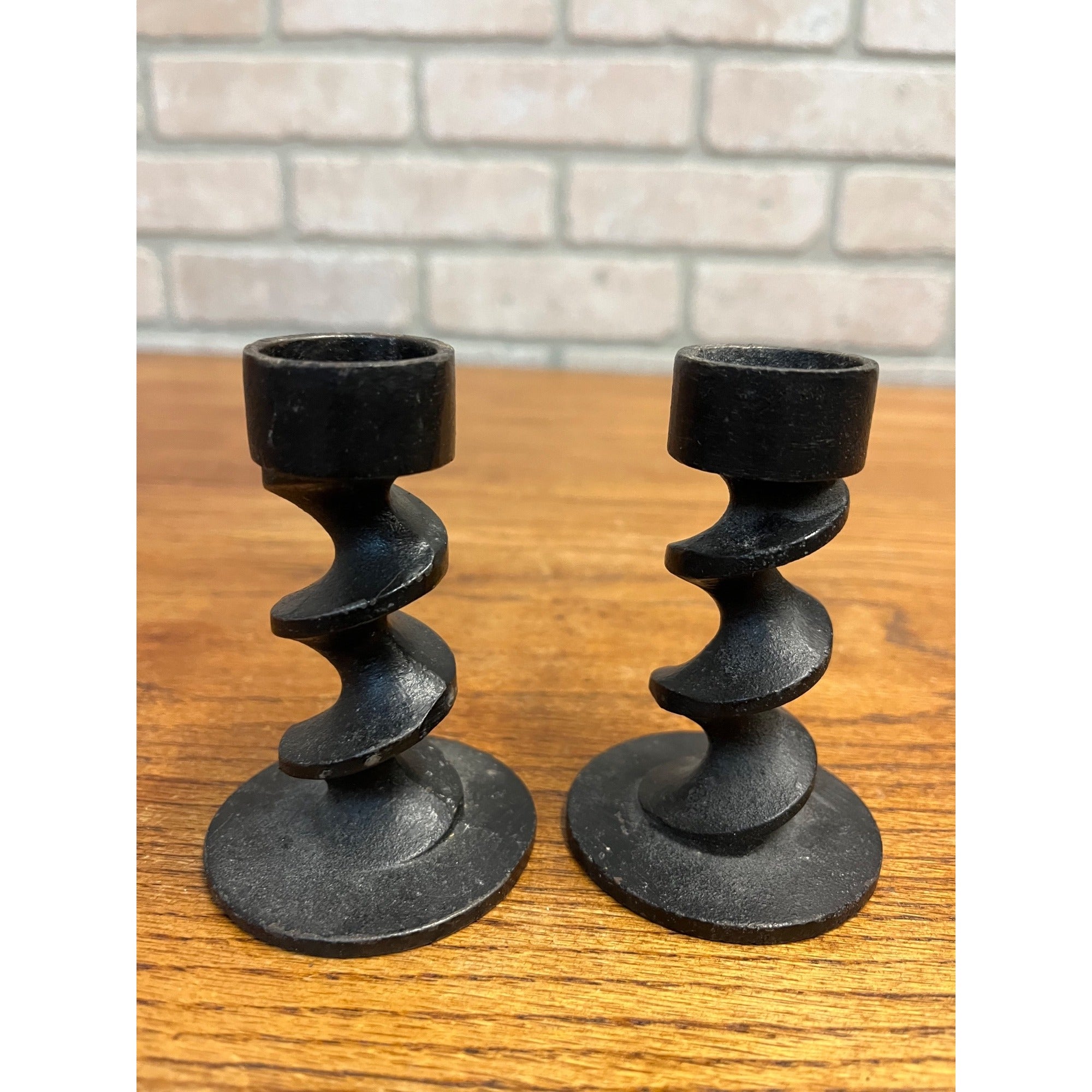 Vintage MCM ‘Image Three’ Michael Harris Brutalist Cast Iron Candleholders Pair