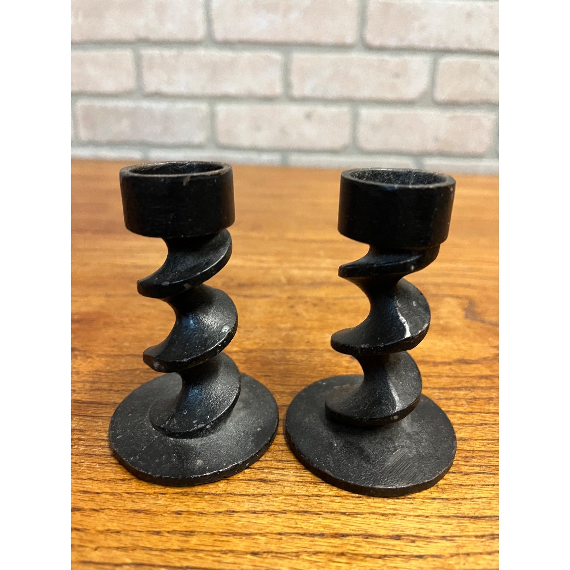 Vintage MCM ‘Image Three’ Michael Harris Brutalist Cast Iron Candleholders Pair