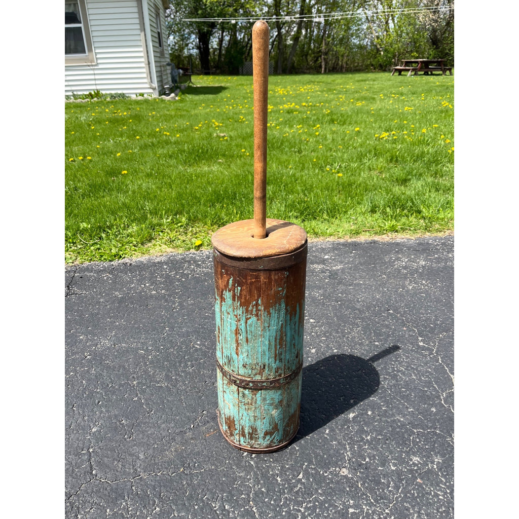 Antique Primitive 19th c. Blue Paint Wooden Staved Shaker Butter Churn AAFA Folk