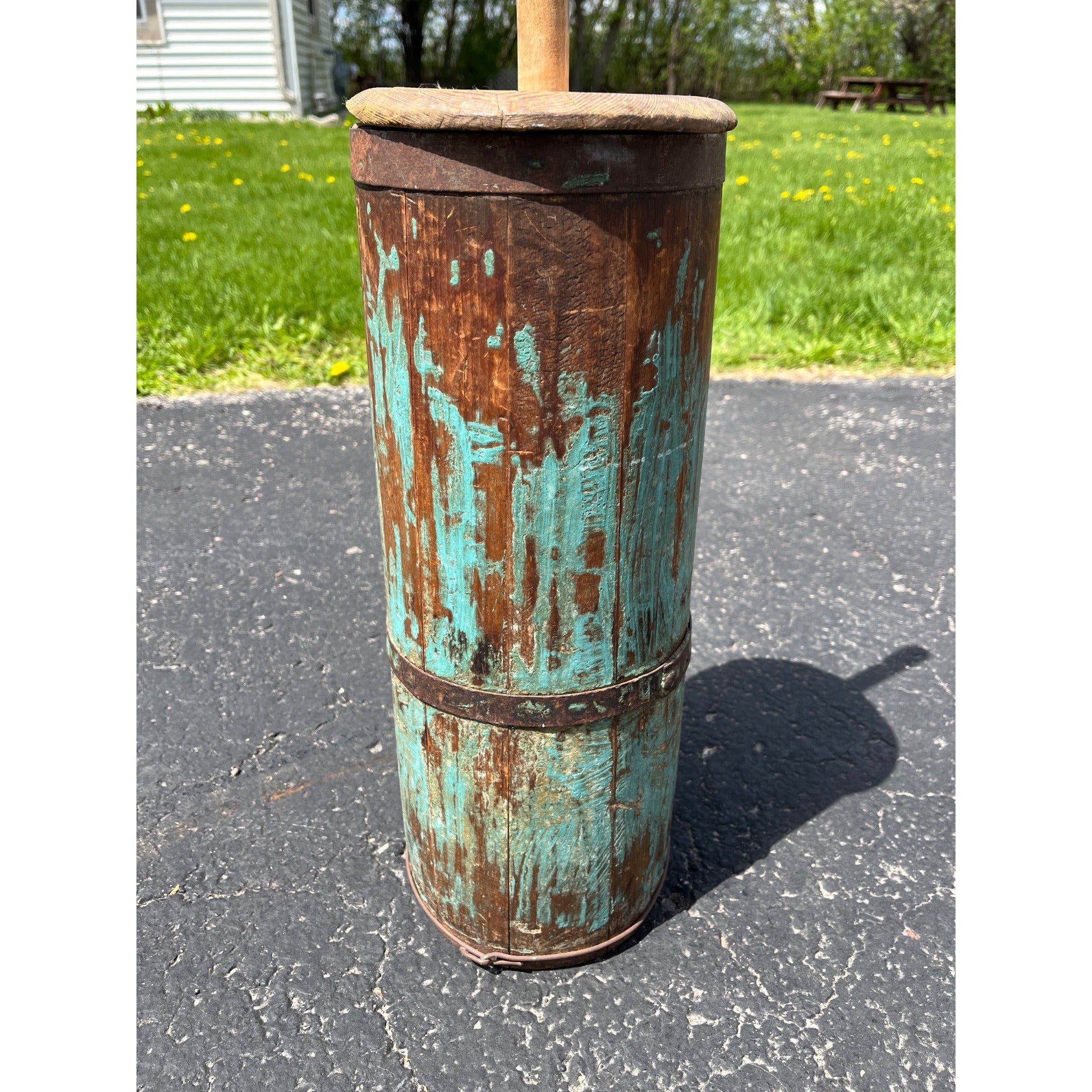 Antique Primitive 19th c. Blue Paint Wooden Staved Shaker Butter Churn AAFA Folk