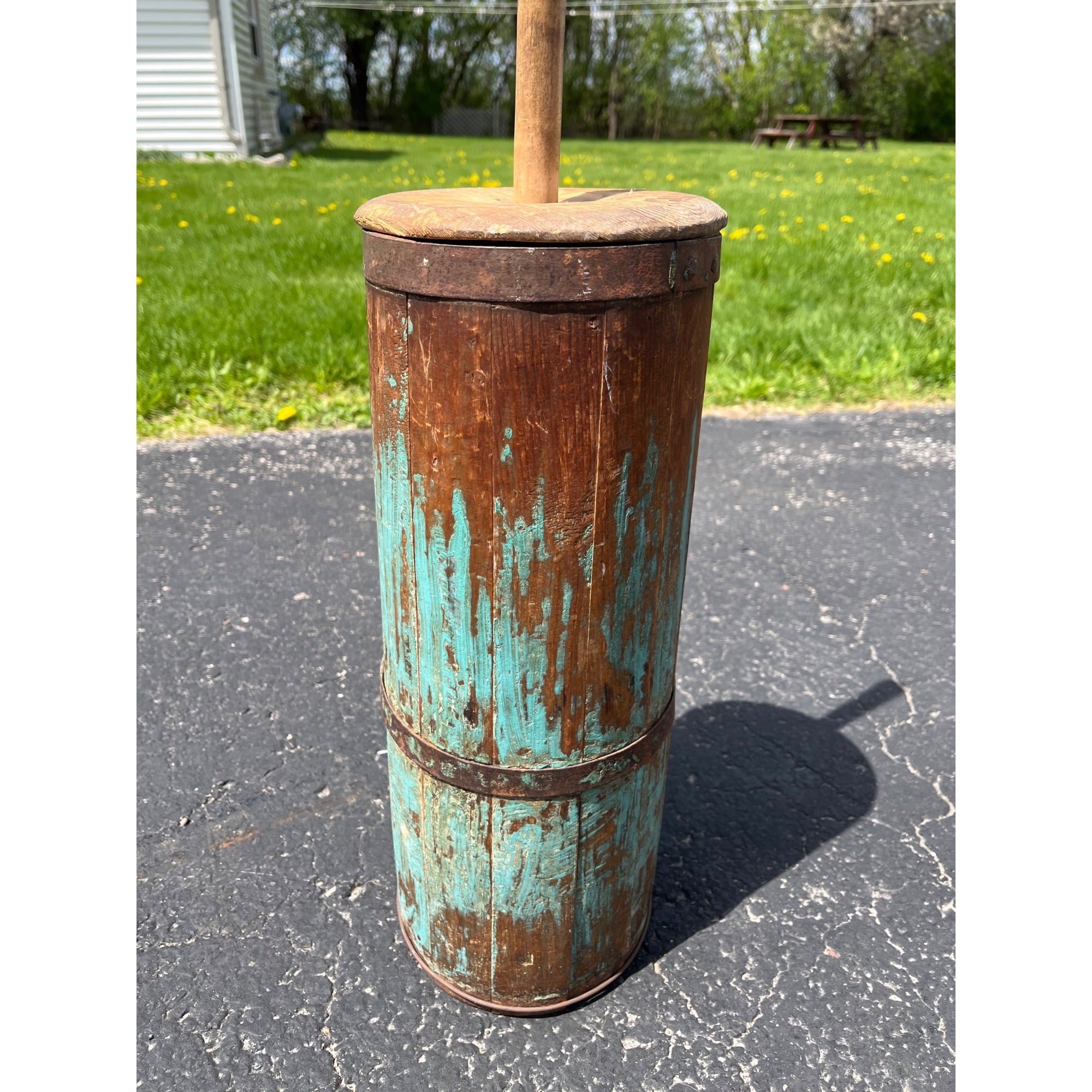 Antique Primitive 19th c. Blue Paint Wooden Staved Shaker Butter Churn AAFA Folk