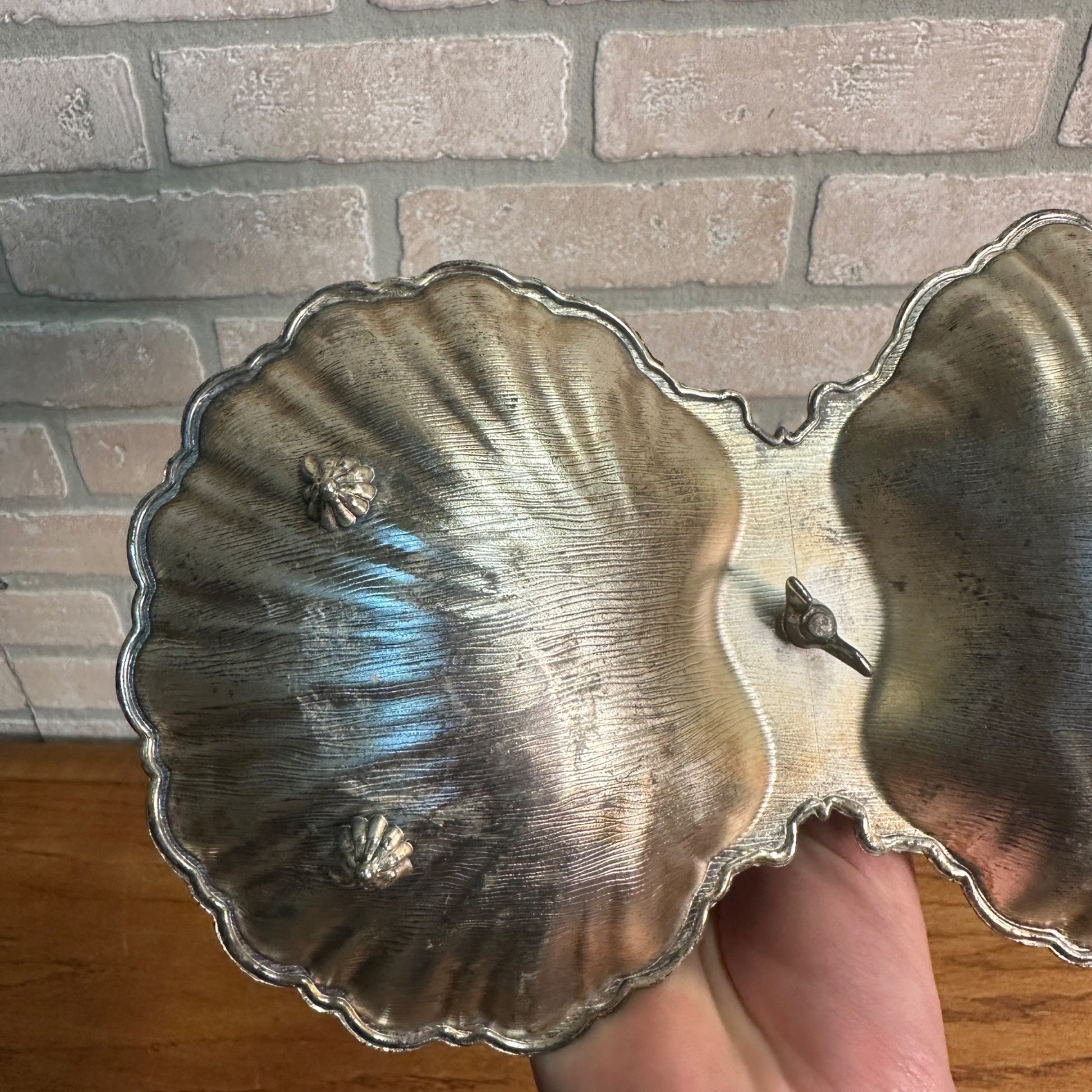 Vintage FB Rogers Silver Company Double Clam Shell Bon Bon Dish W/ Handle