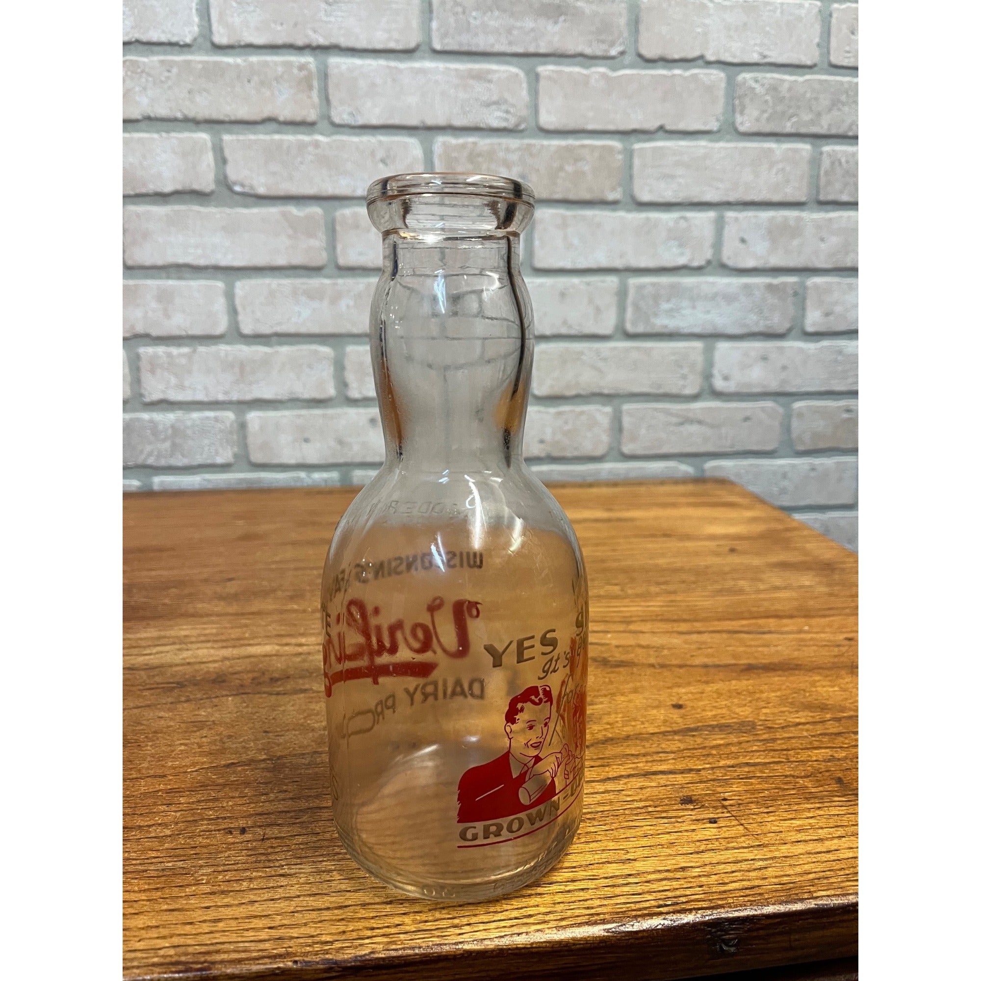 Vintage Verifine "Wisconsin's Favorite" Rounded Milk Bottle "Yes, Sir! It's Good for Grown-Ups Too" Slogan Sheboygan, Wisconsin One Quart