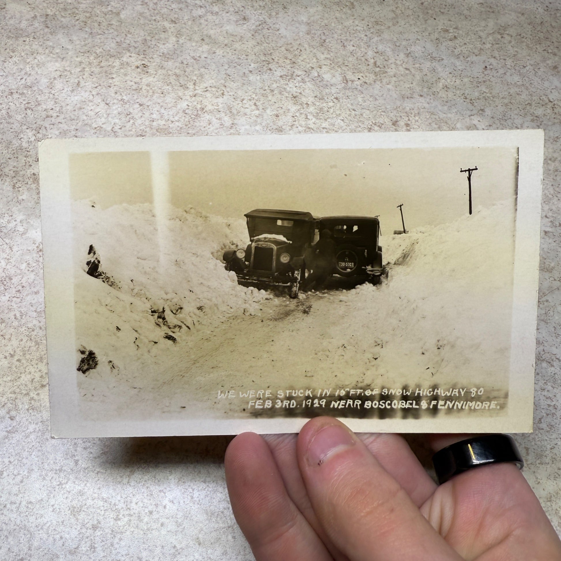 RPPC Boscobel & Fennimore Wis Snow Storm Postcard Photo Ford Model Ts 1929