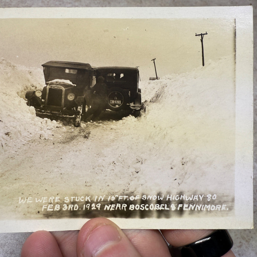 RPPC Boscobel & Fennimore Wis Snow Storm Postcard Photo Ford Model Ts 1929