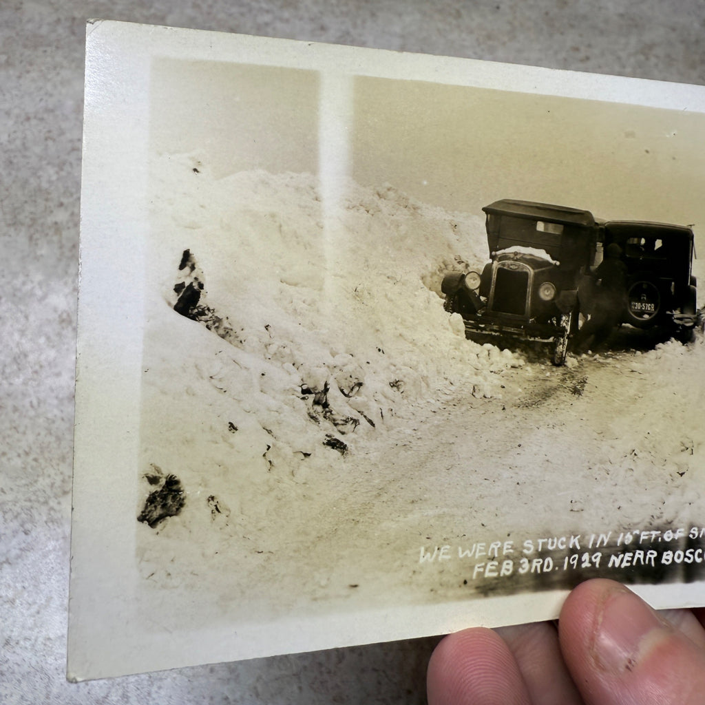 RPPC Boscobel & Fennimore Wis Snow Storm Postcard Photo Ford Model Ts 1929