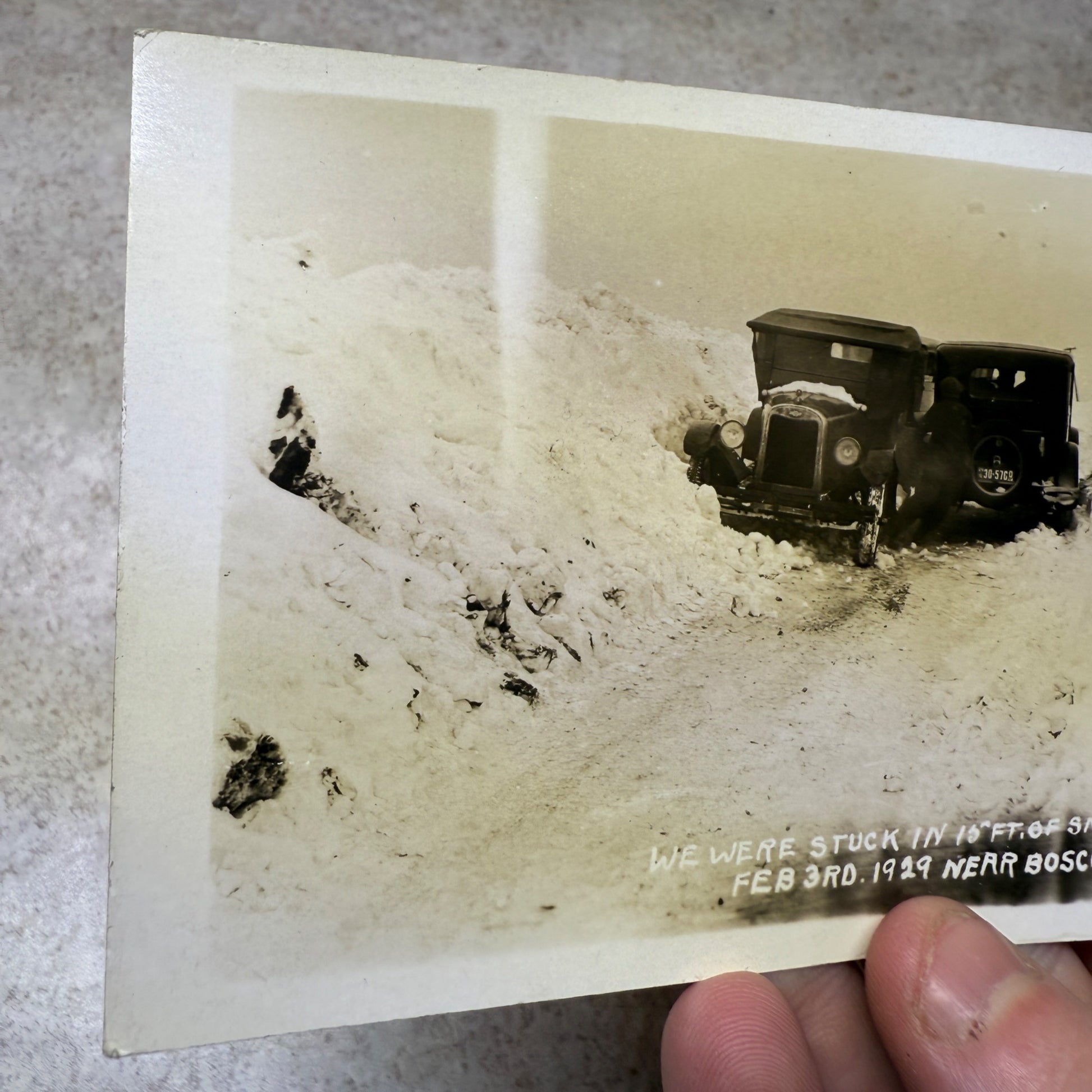 RPPC Boscobel & Fennimore Wis Snow Storm Postcard Photo Ford Model Ts 1929