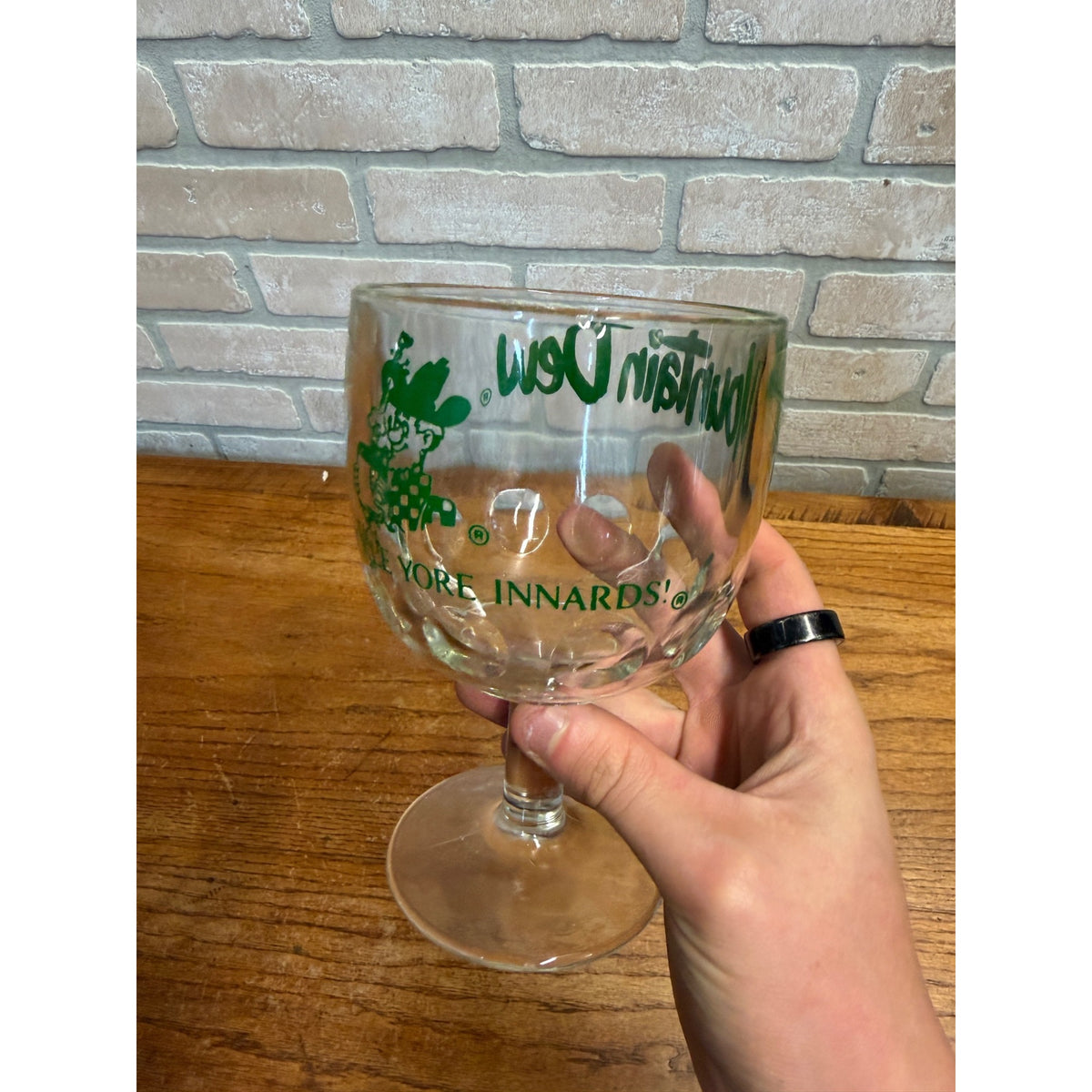 Vintage 1970s Mountain Dew Glass Goblet Drinking Mug - It'll Tickle Yore Innards Thumbprint