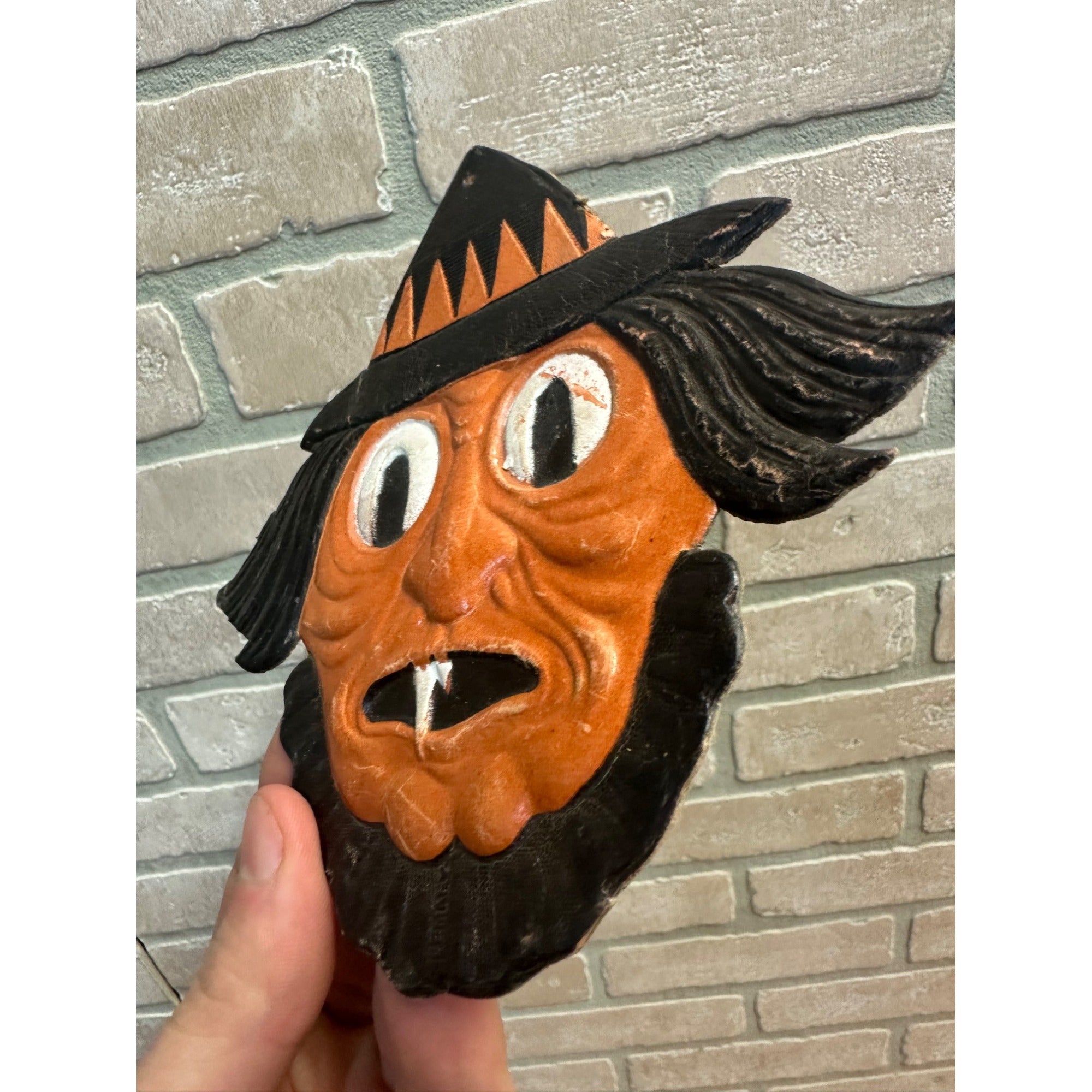 SCARCE Antique 1920s Halloween Witch Head Cardboard Embossed German