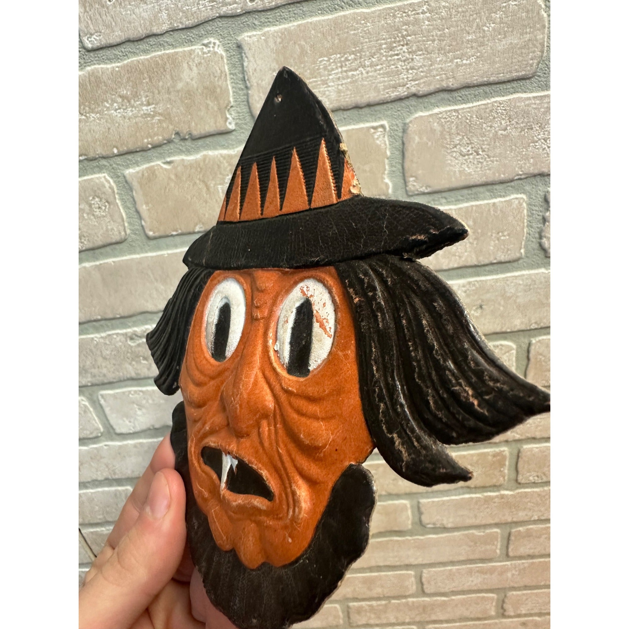 SCARCE Antique 1920s Halloween Witch Head Cardboard Embossed German