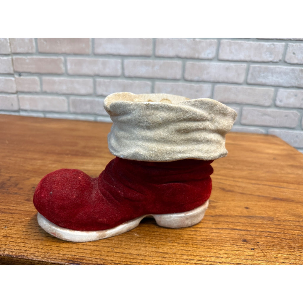 Vintage 1950s Christmas Santa's Boot Chalkware Flocked Planter Candy Container