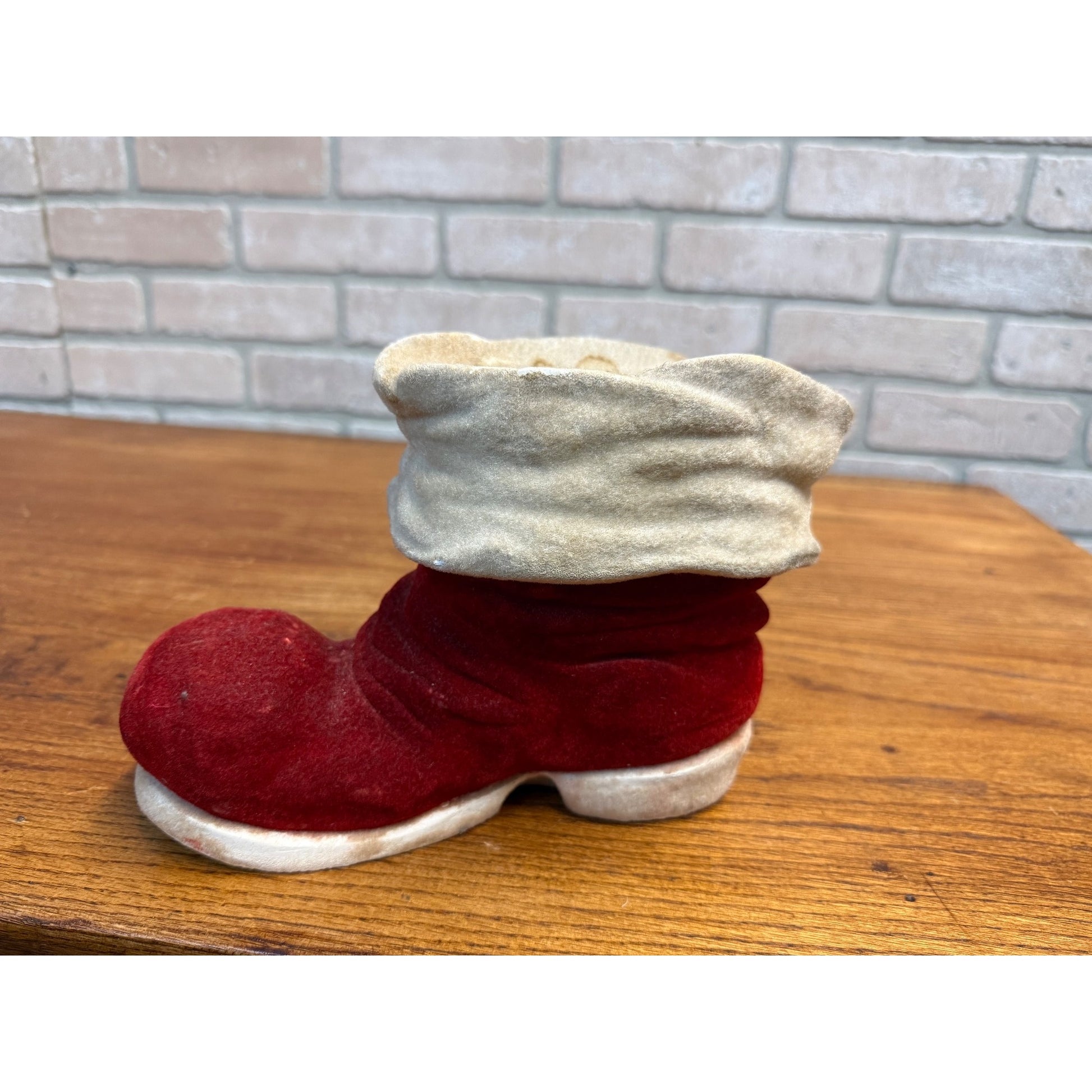 Vintage 1950s Christmas Santa's Boot Chalkware Flocked Planter Candy Container